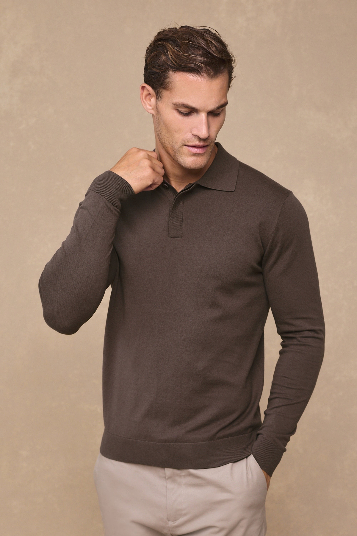 Andre Cotton Long Sleeve Button Polo - Mocha