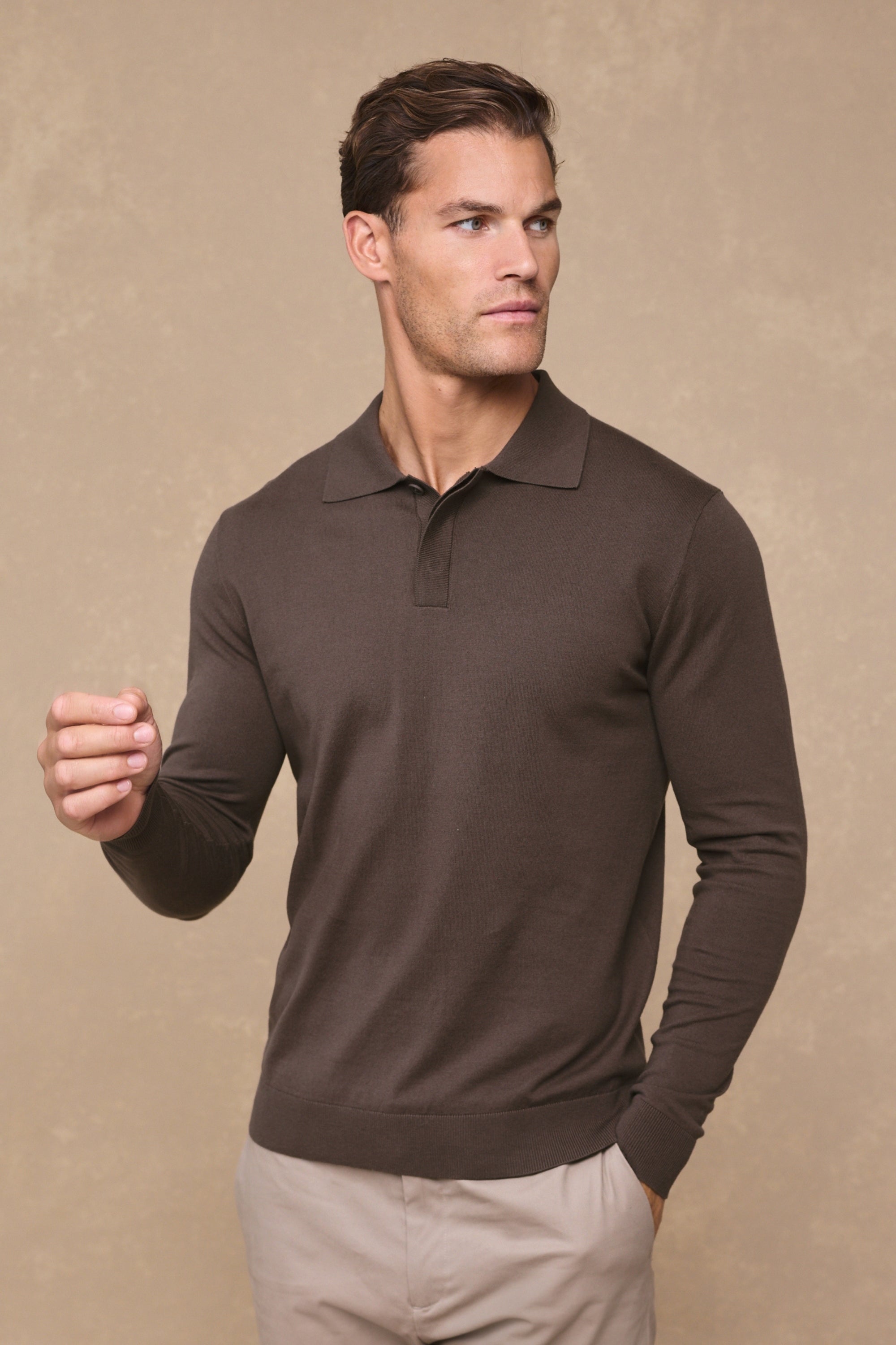 Andre Cotton Long Sleeve Button Polo - Mocha