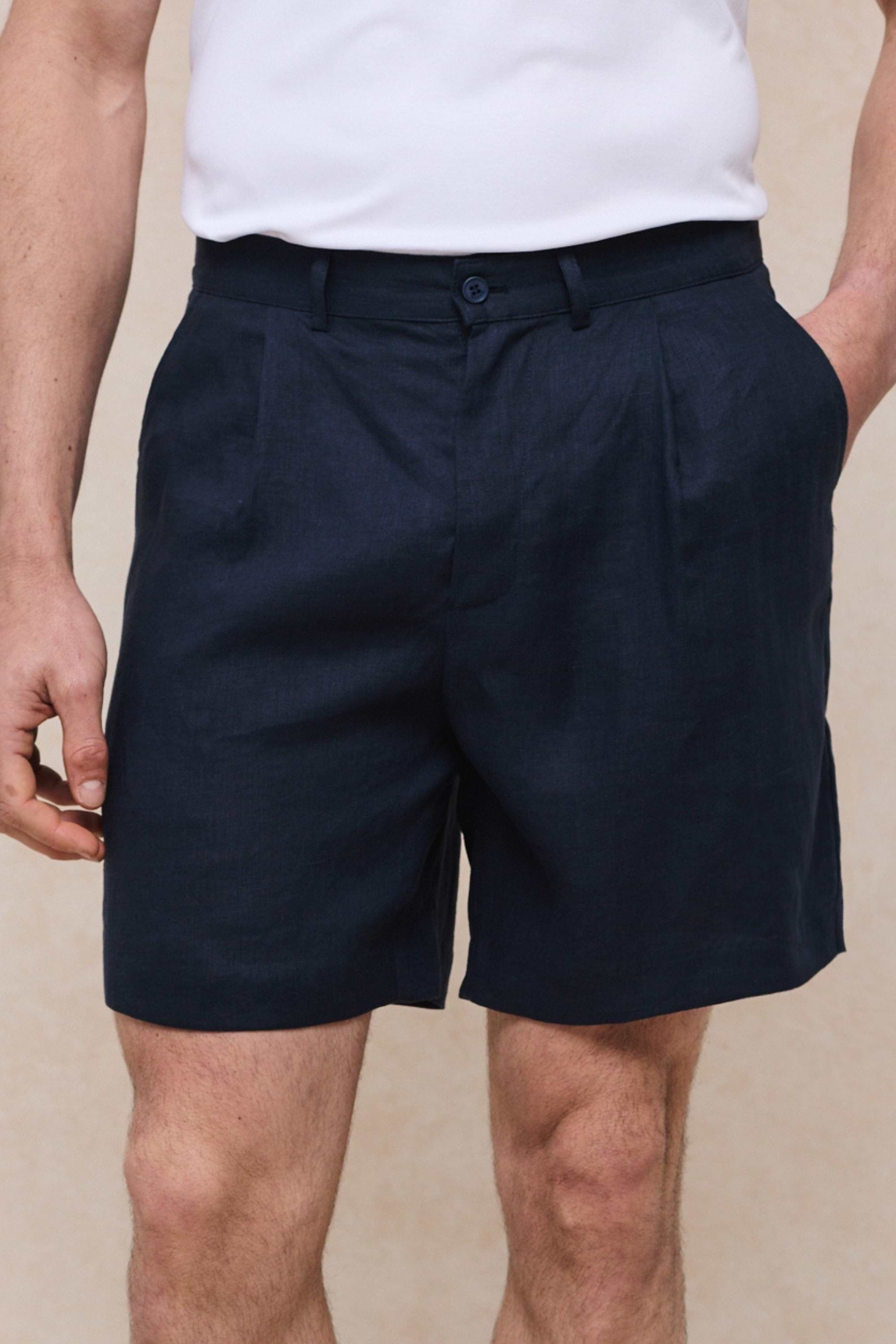 Javier Pleated Waistband Linen Short - Navy
