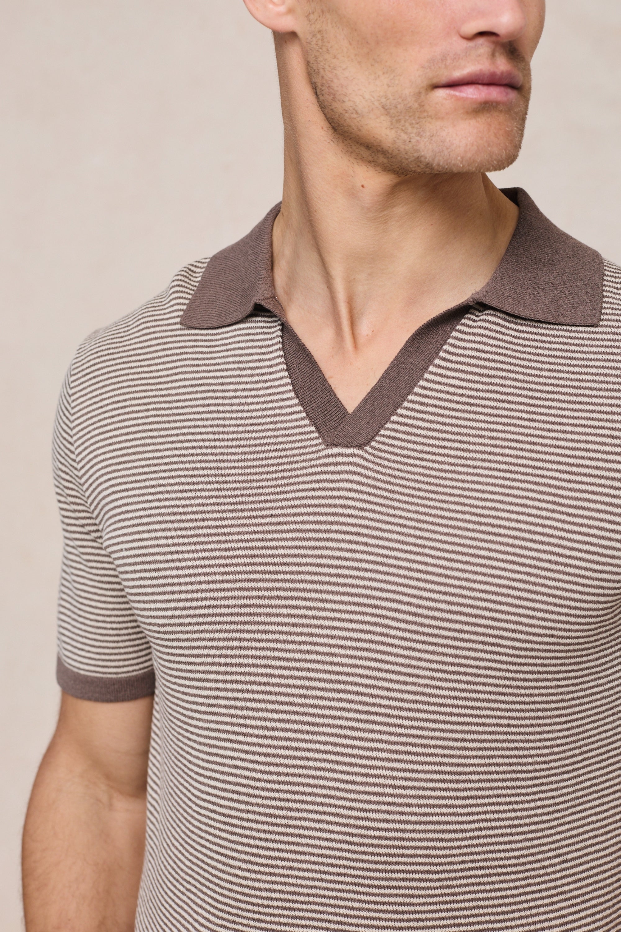 Antonio Contrast Trim Striped Linen Polo - Brown/Beige