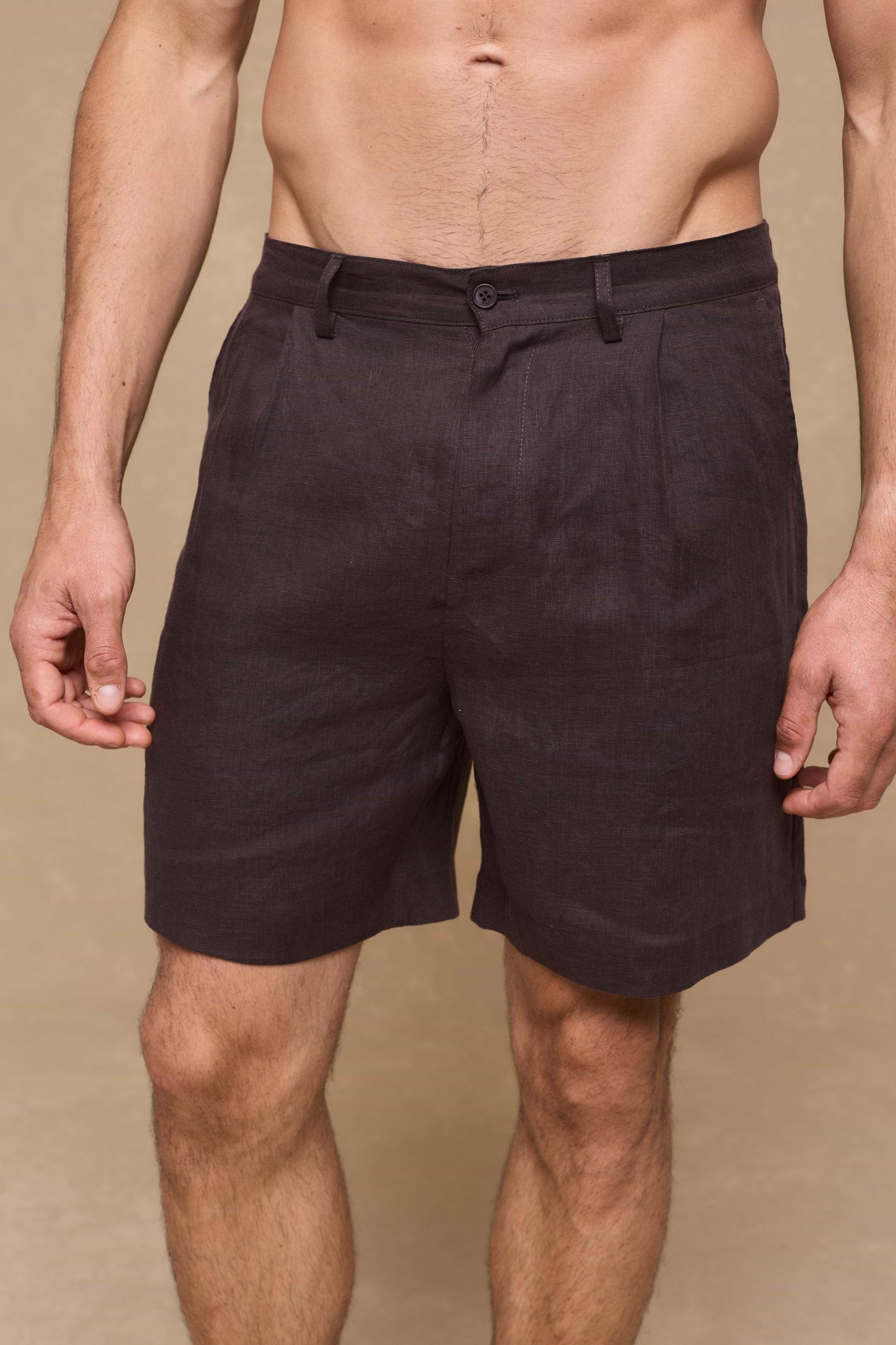 Javier Pleated Waistband Linen Short - Brown