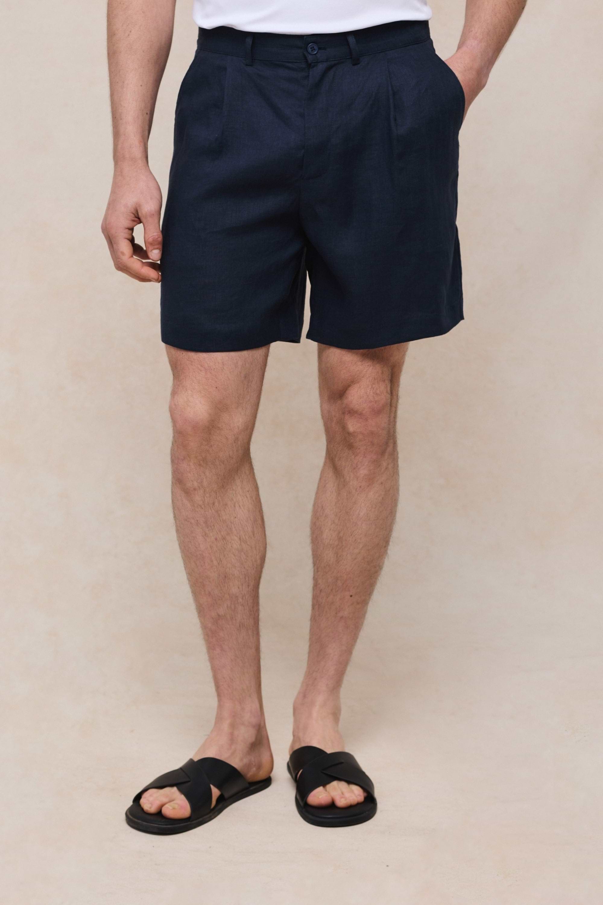 Javier Pleated Waistband Linen Short - Navy