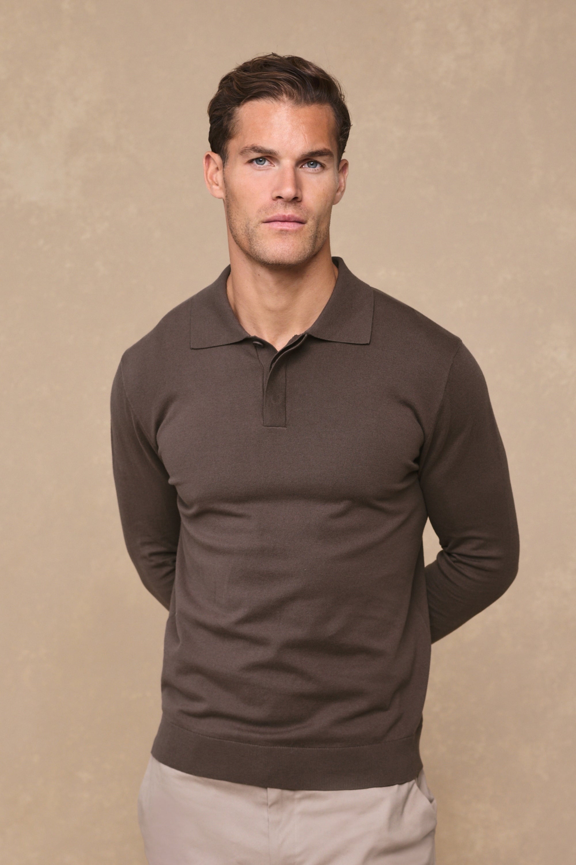 Andre Cotton Long Sleeve Button Polo - Mocha