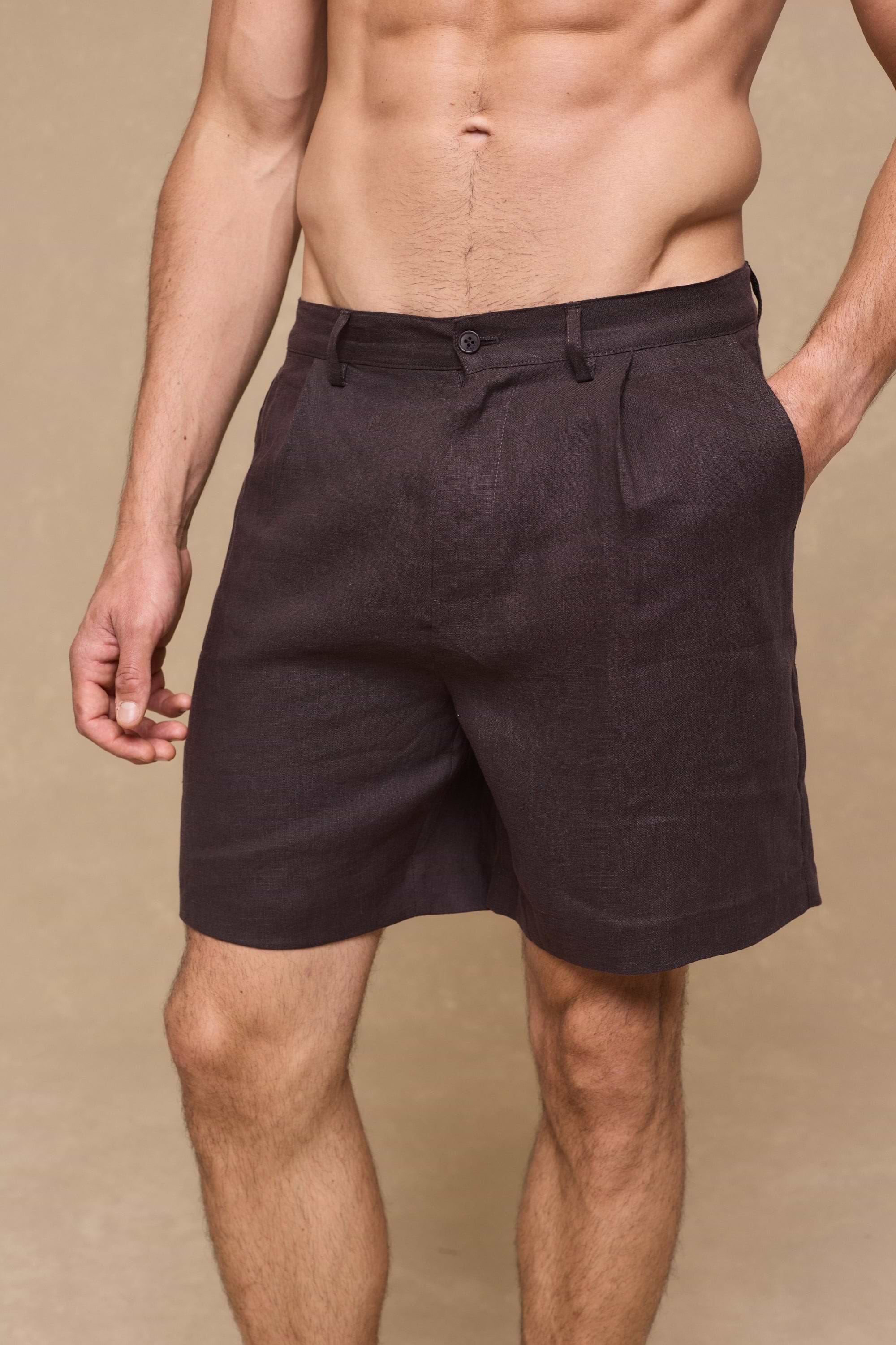 Javier Pleated Waistband Linen Short - Brown
