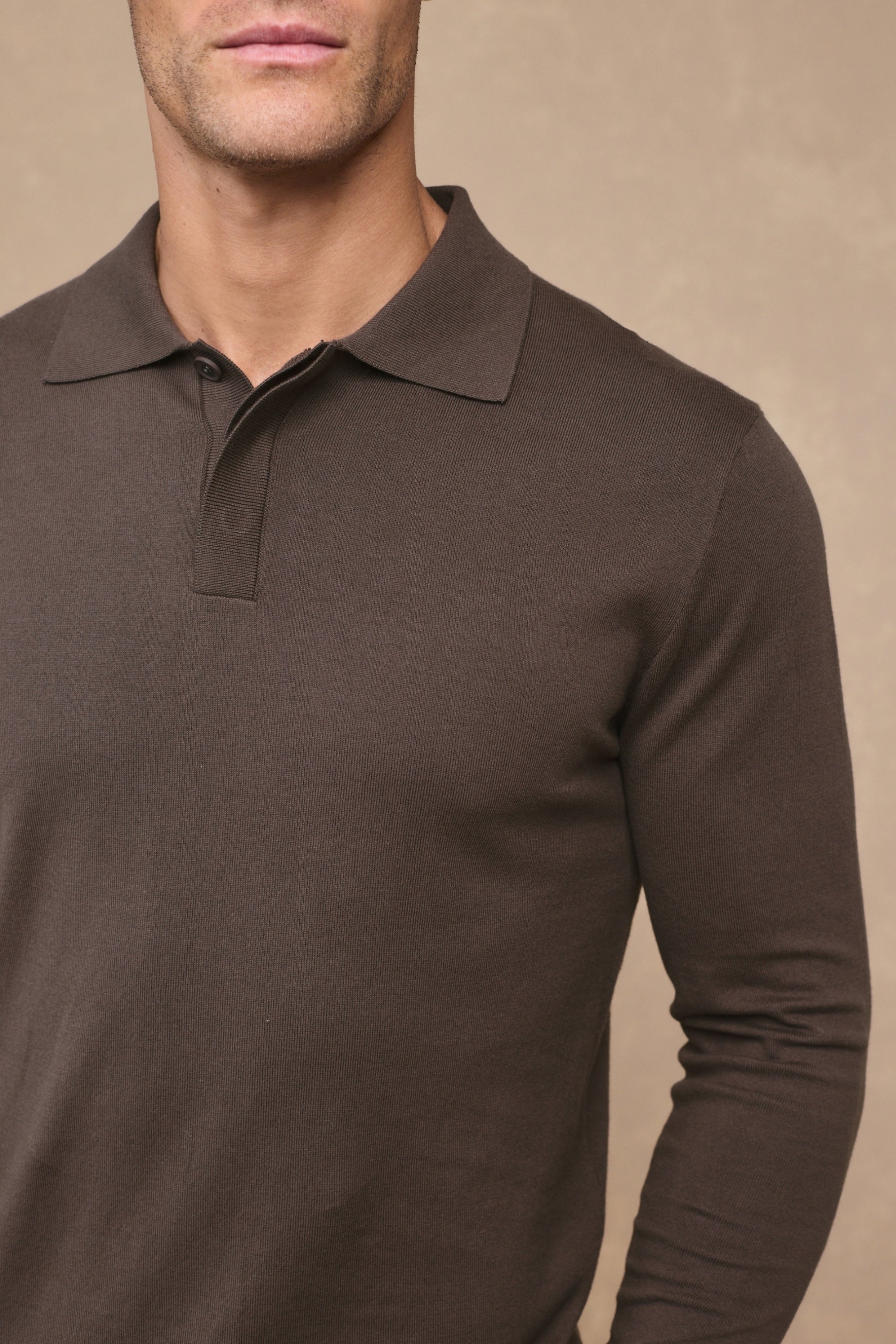 Andre Cotton Long Sleeve Button Polo - Mocha