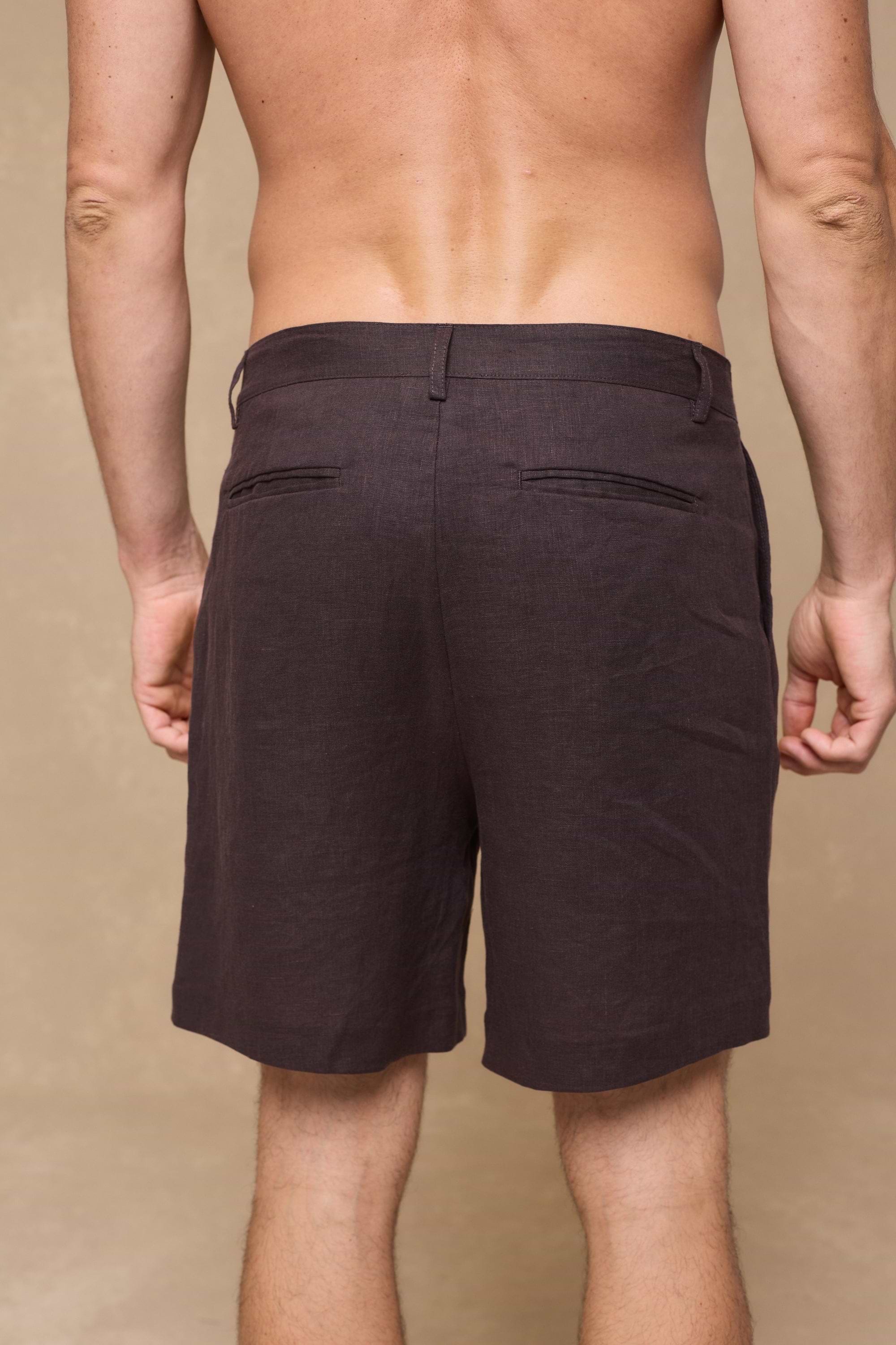 Javier Pleated Waistband Linen Short - Brown