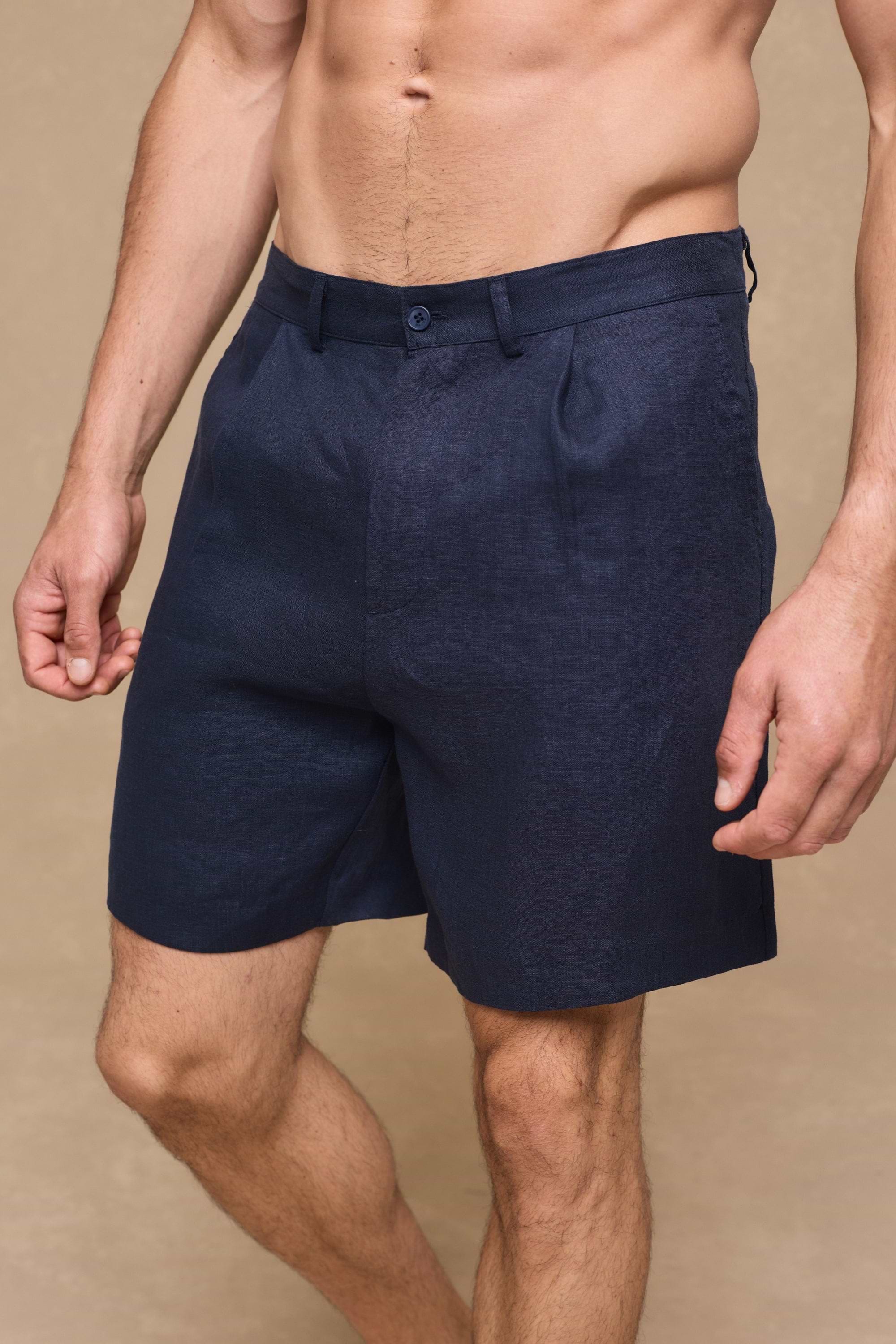 Javier Pleated Waistband Linen Short - Navy