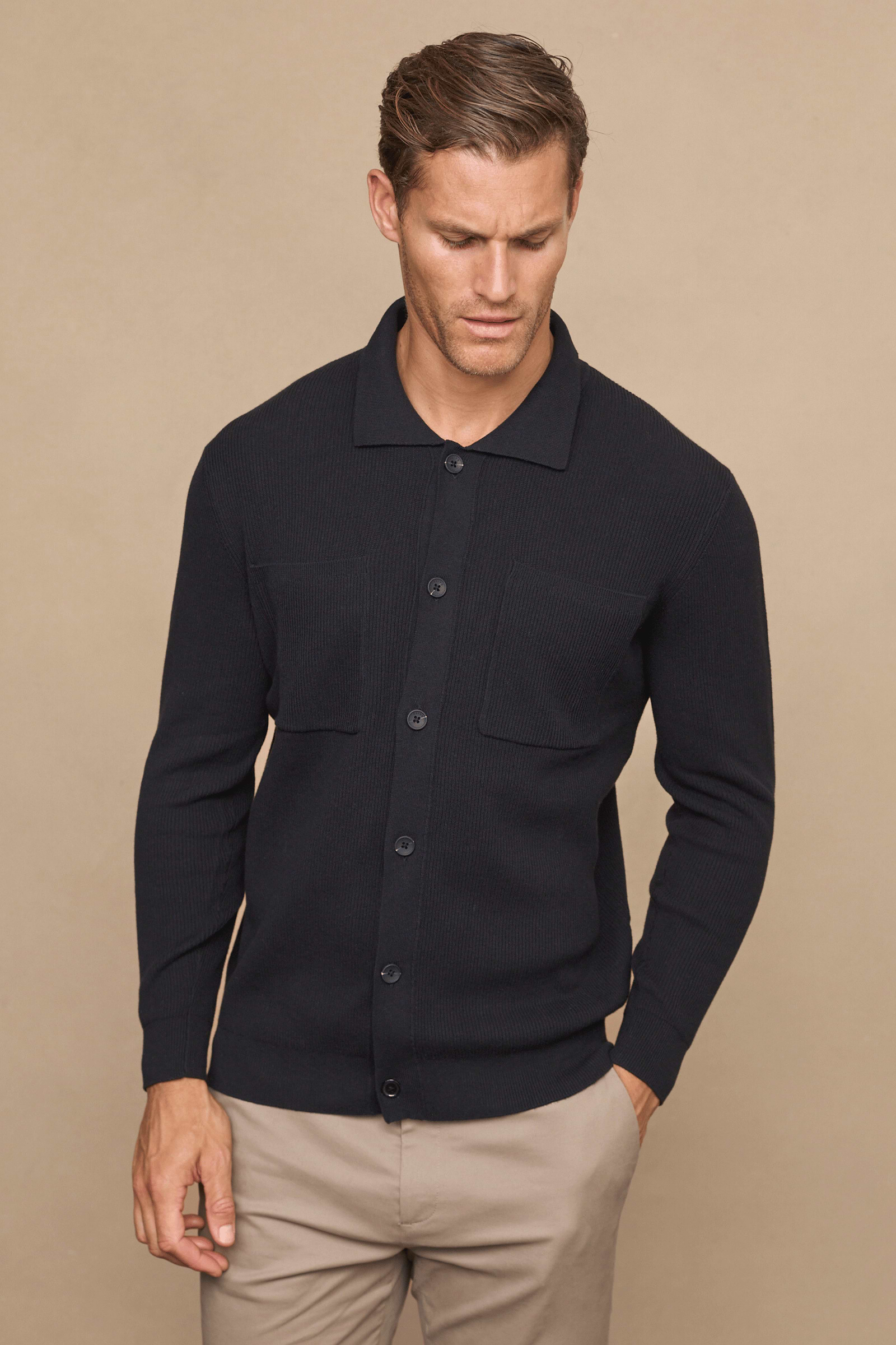 Elias Rib Top Pocket Cardigan - Black