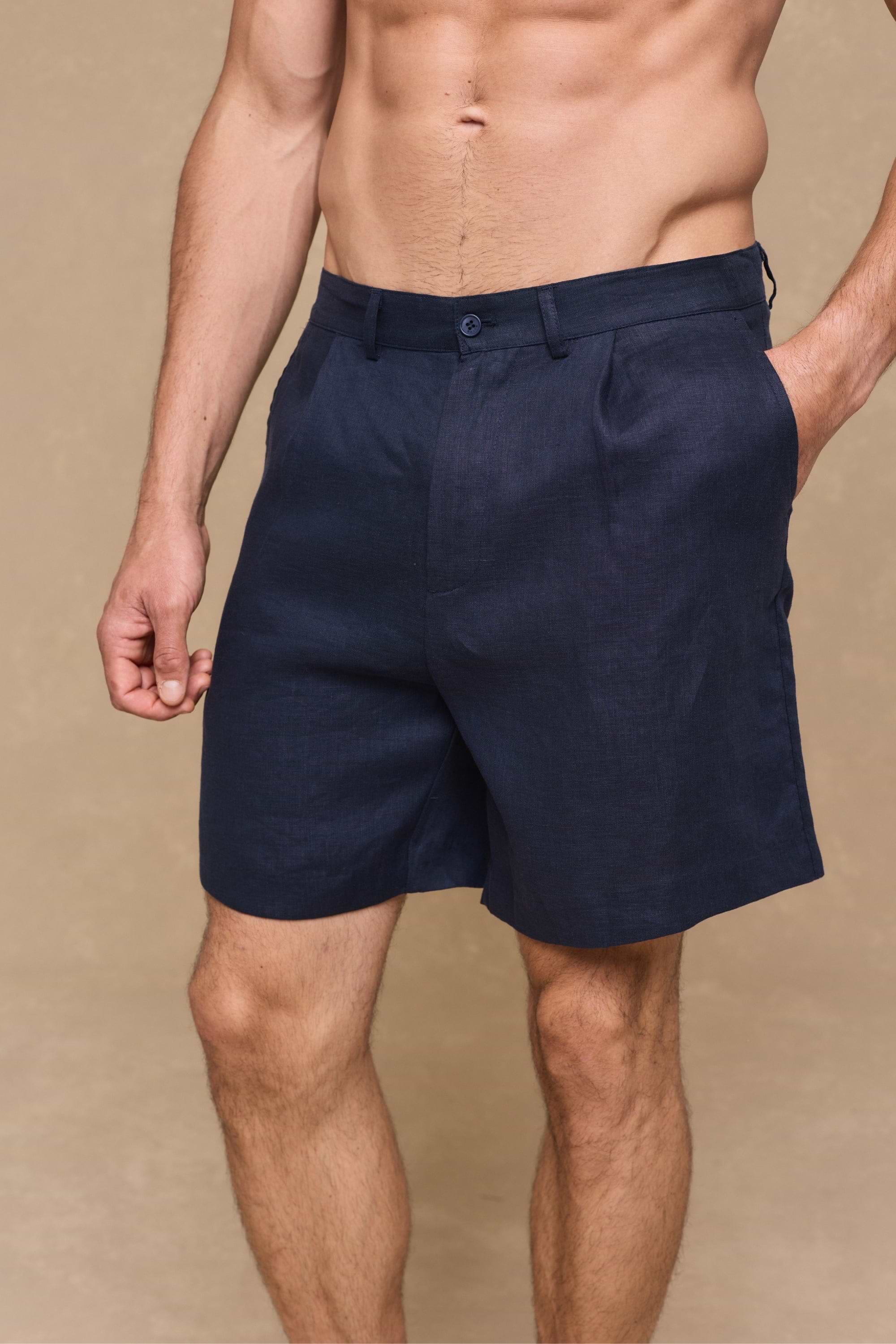 Javier Pleated Waistband Linen Short - Navy