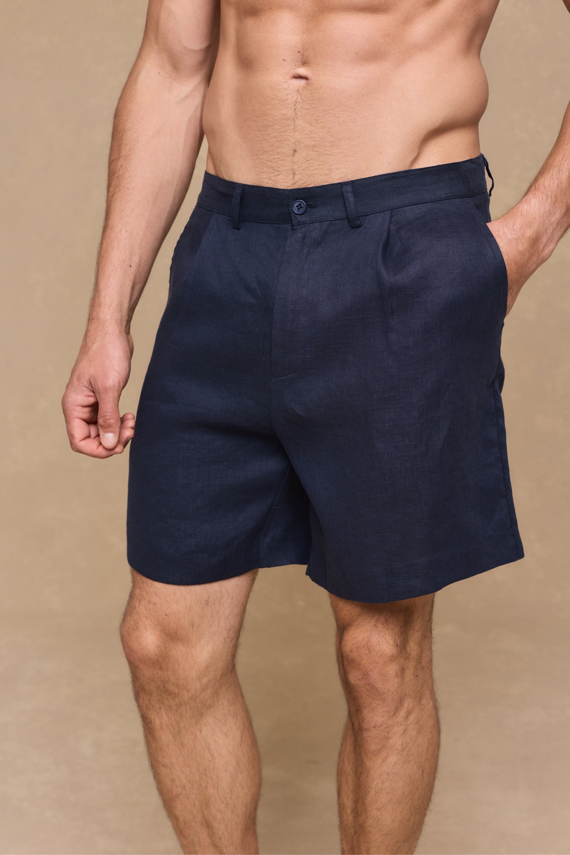Javier Pleated Waistband Linen Short - Navy
