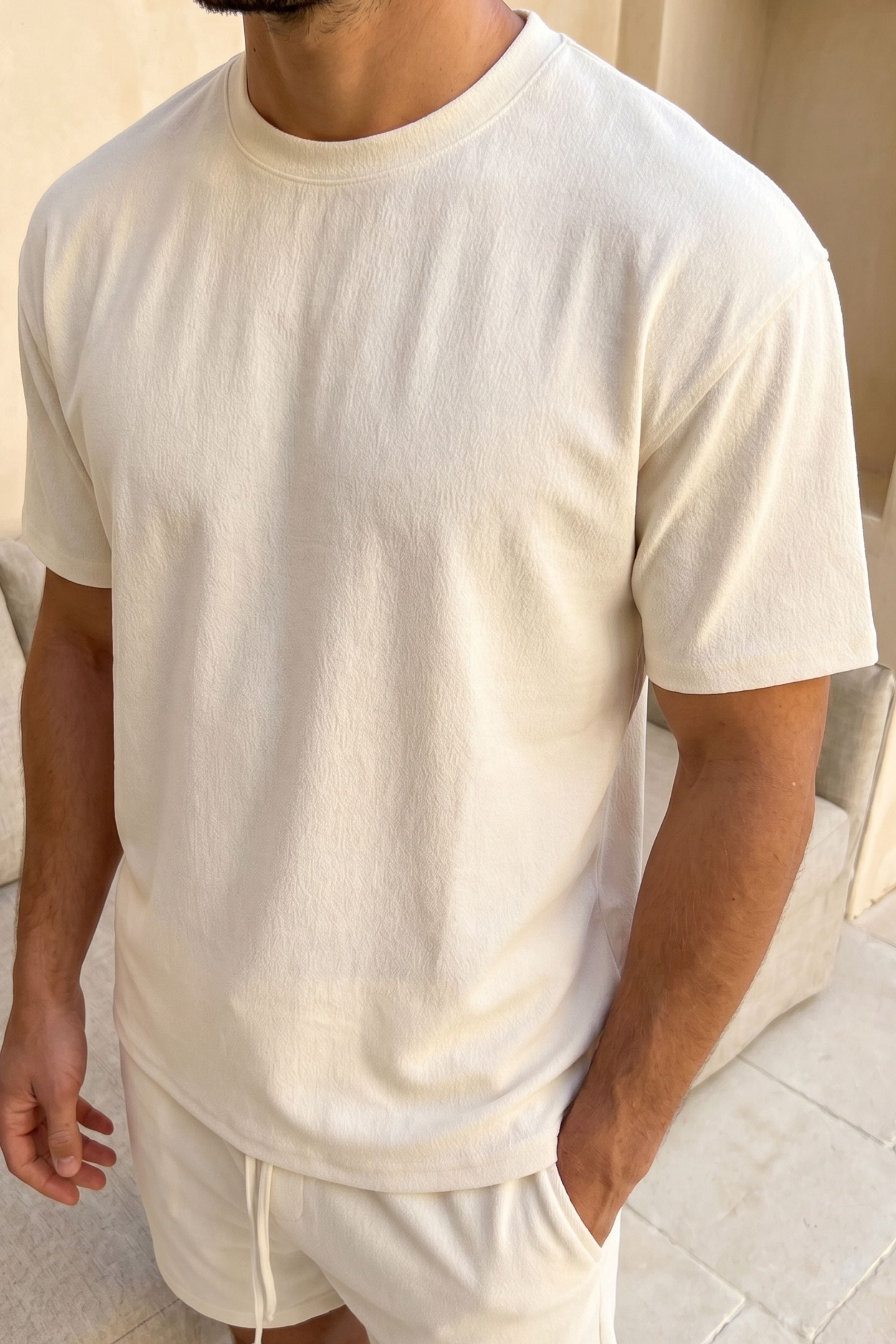 Tomas Crew Neck Textured T-Shirt - Ecru