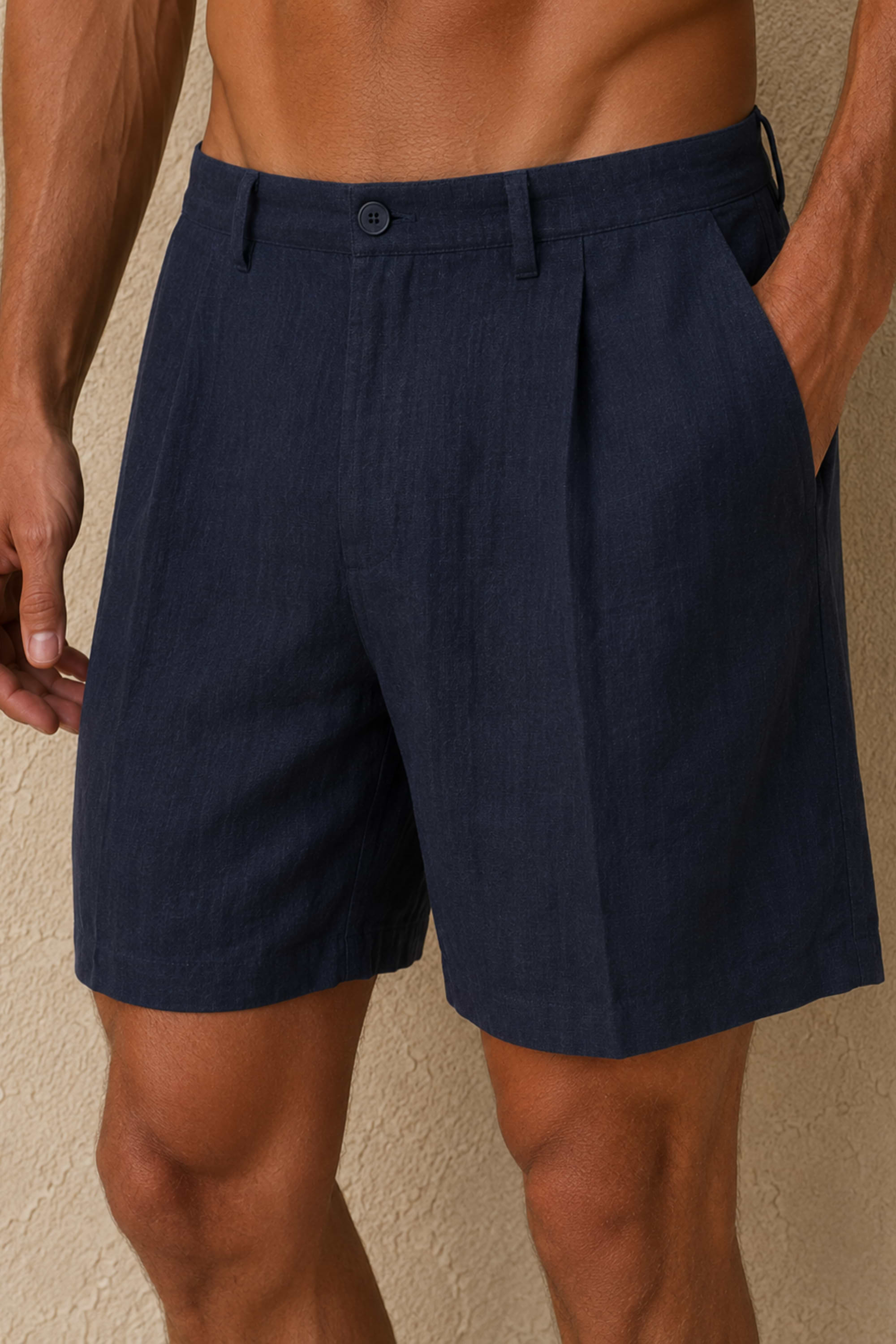 Javier Pleated Waistband Linen Short - Navy