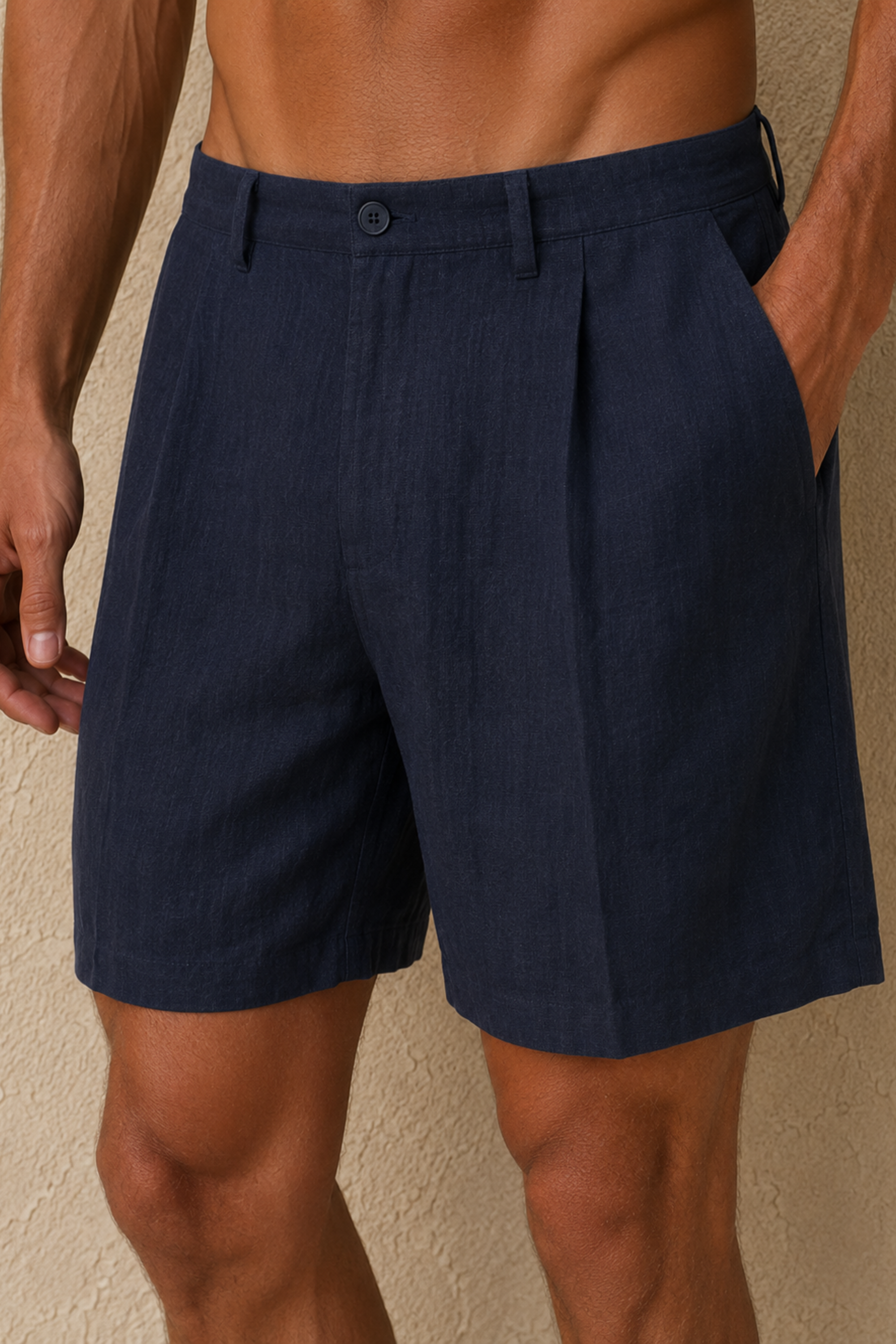 Javier Pleated Waistband Linen Short - Navy