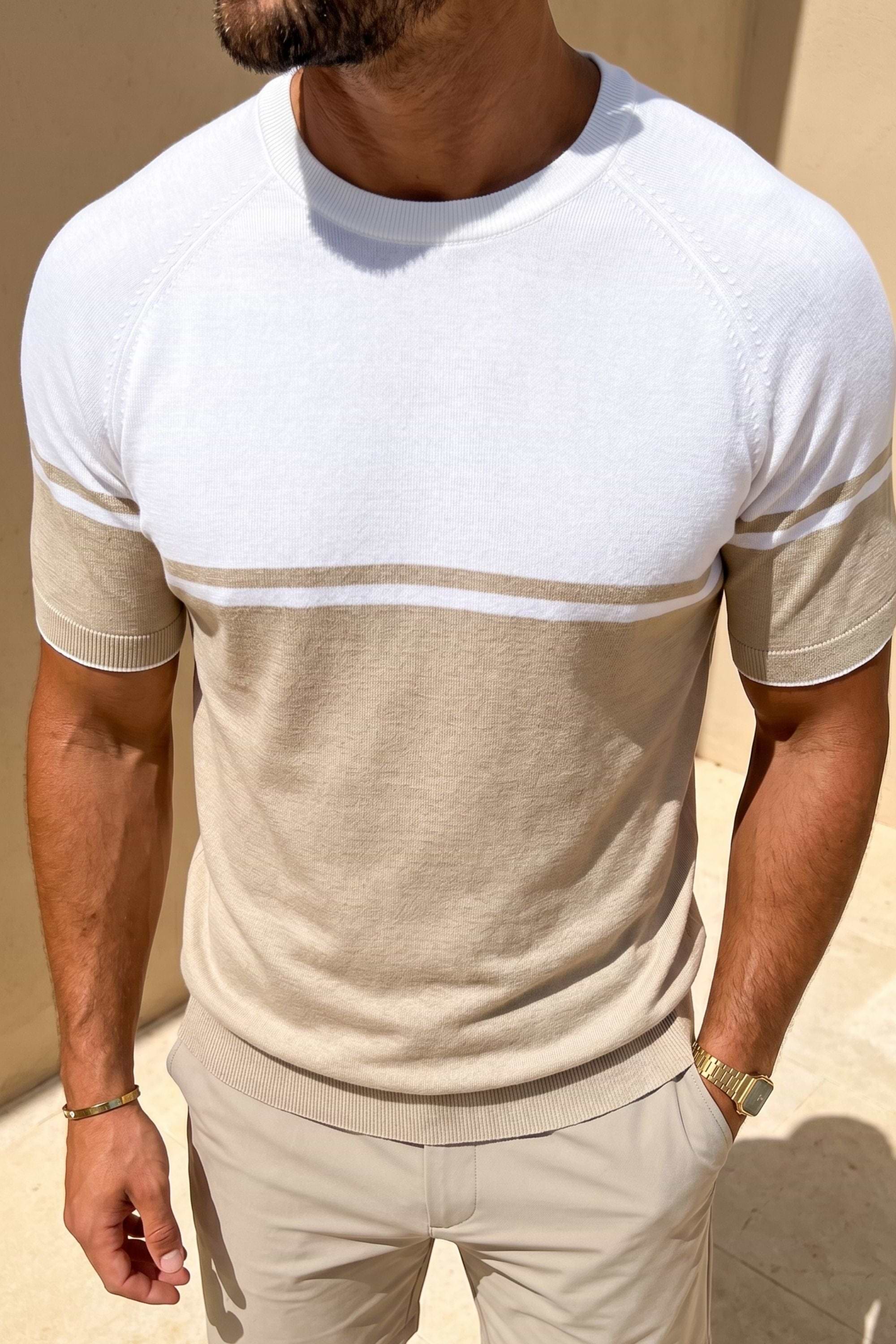 Riera Colour Block Knit Crew Neck T-Shirt - Beige/Ecru