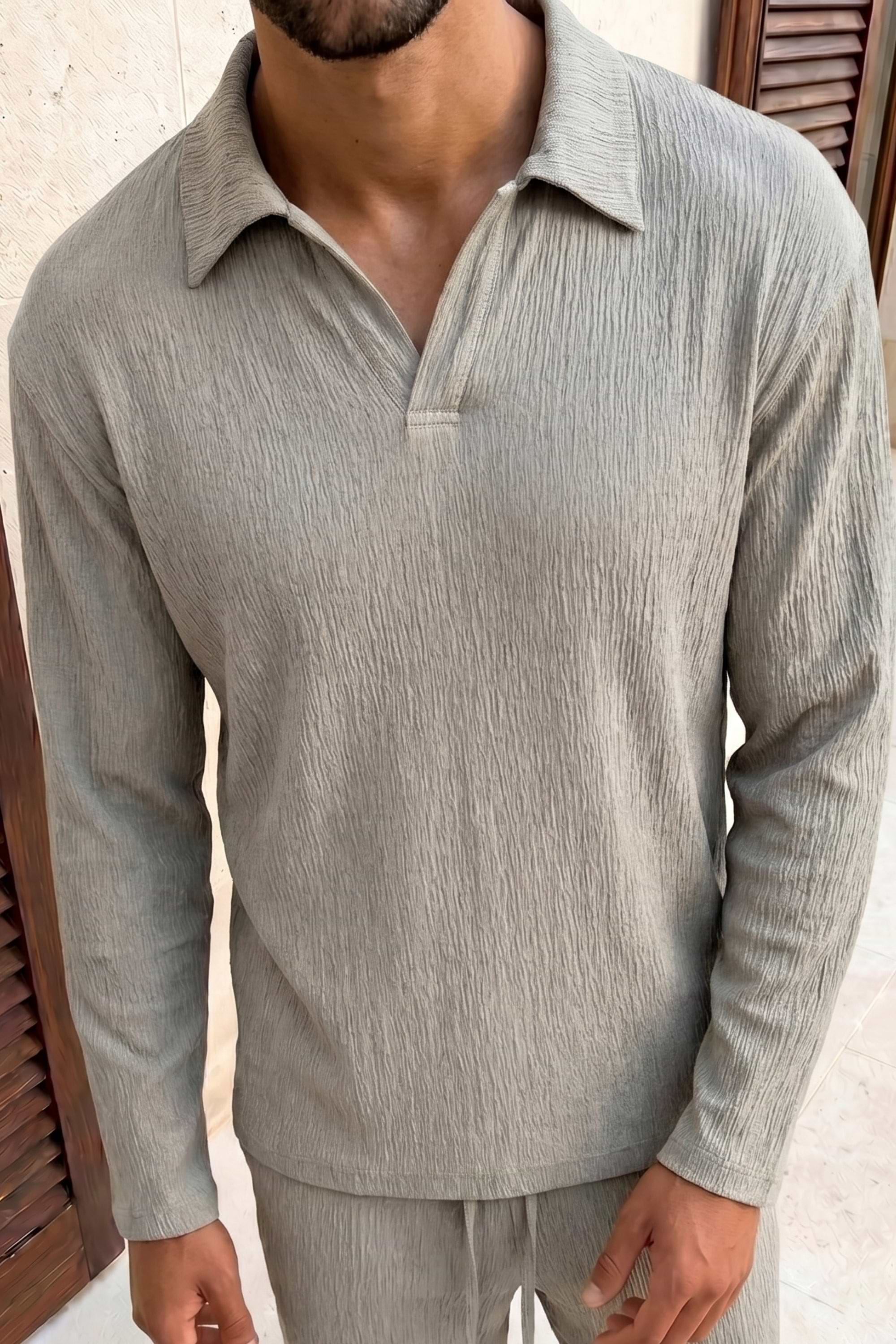 Arty Long Sleeve Open Collar Polo - Mushroom