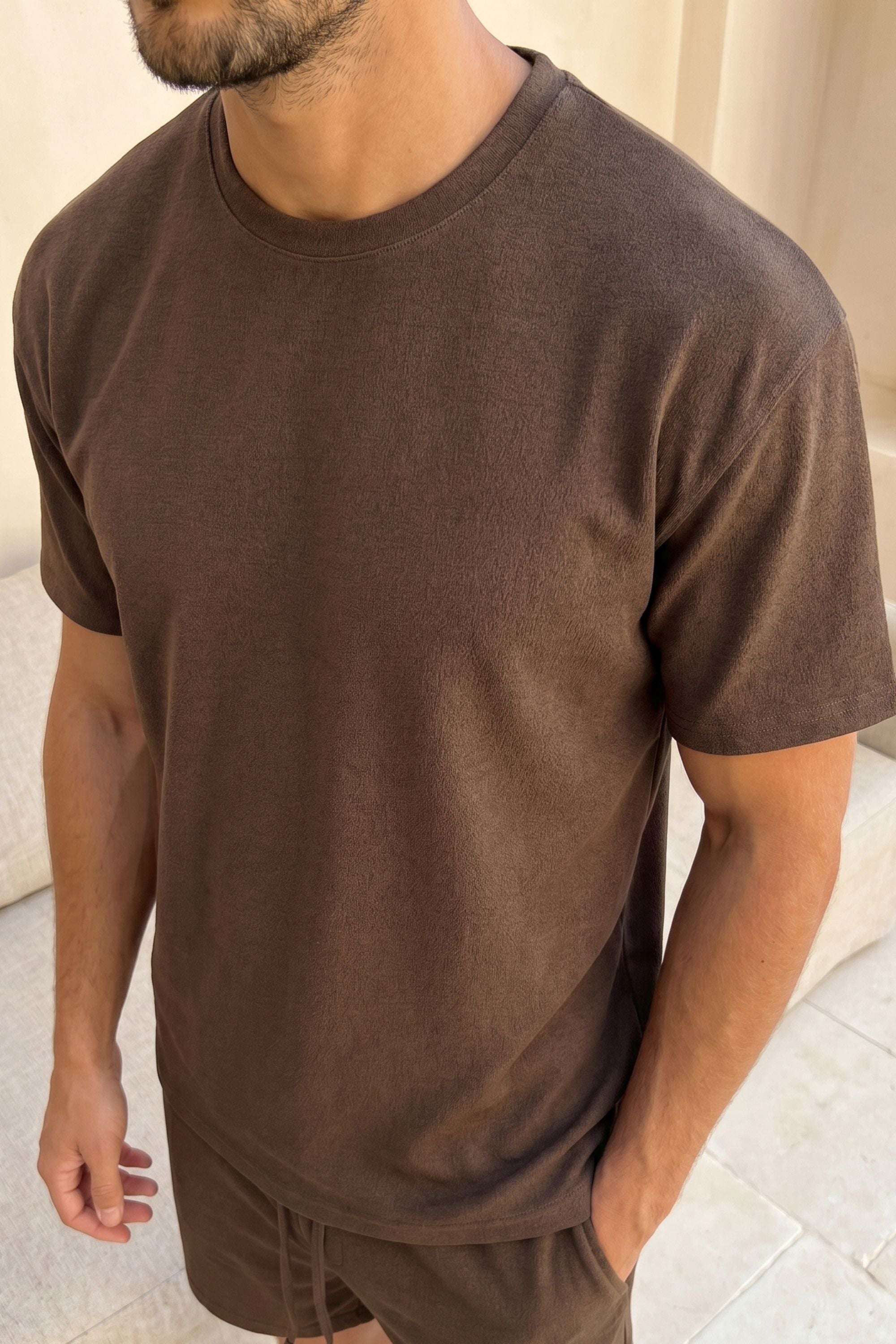 Tomas Crew Neck Textured T-Shirt - Dark Brown