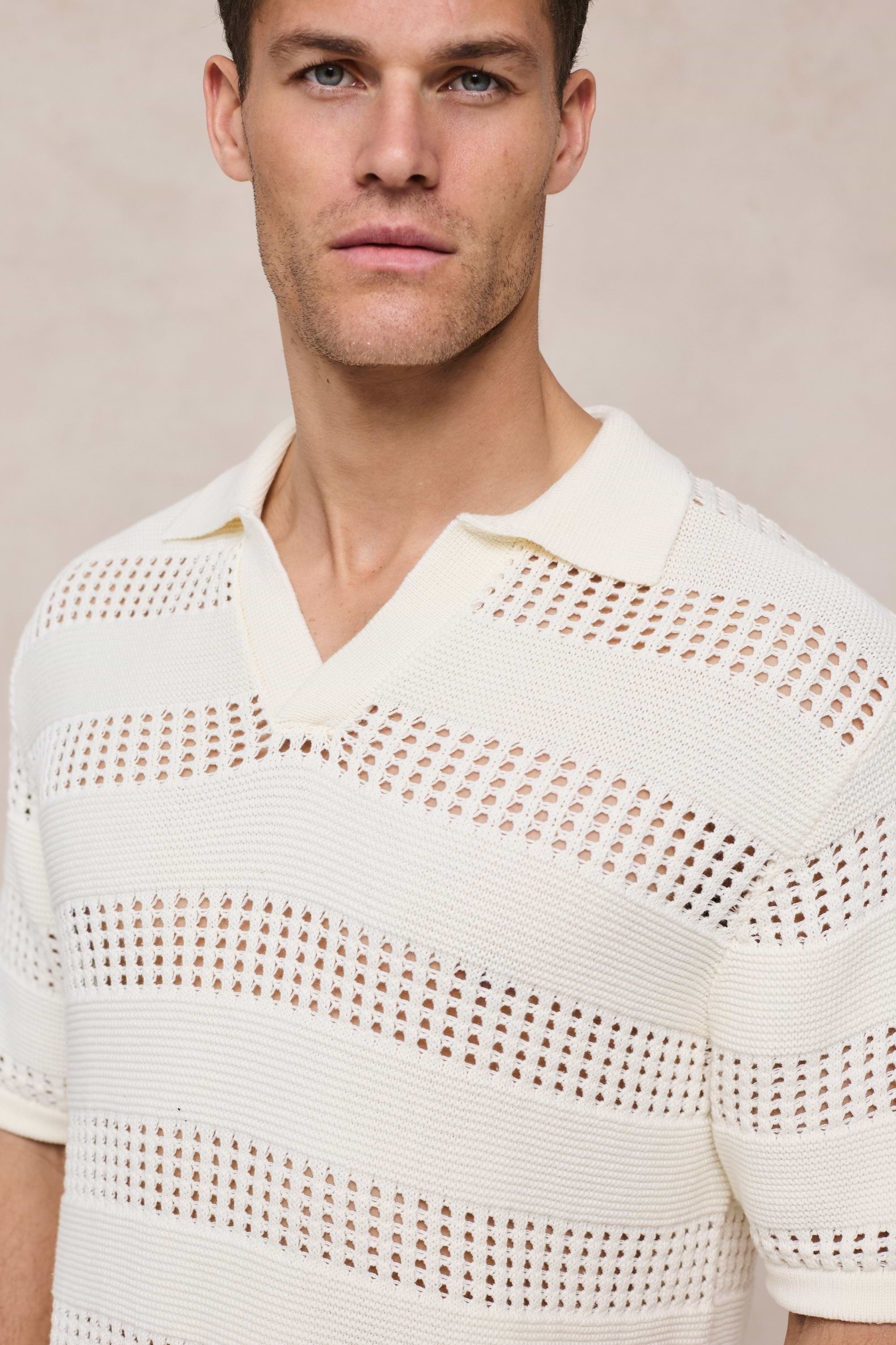 Frattina Crochet Cotton Knit Polo - Ecru