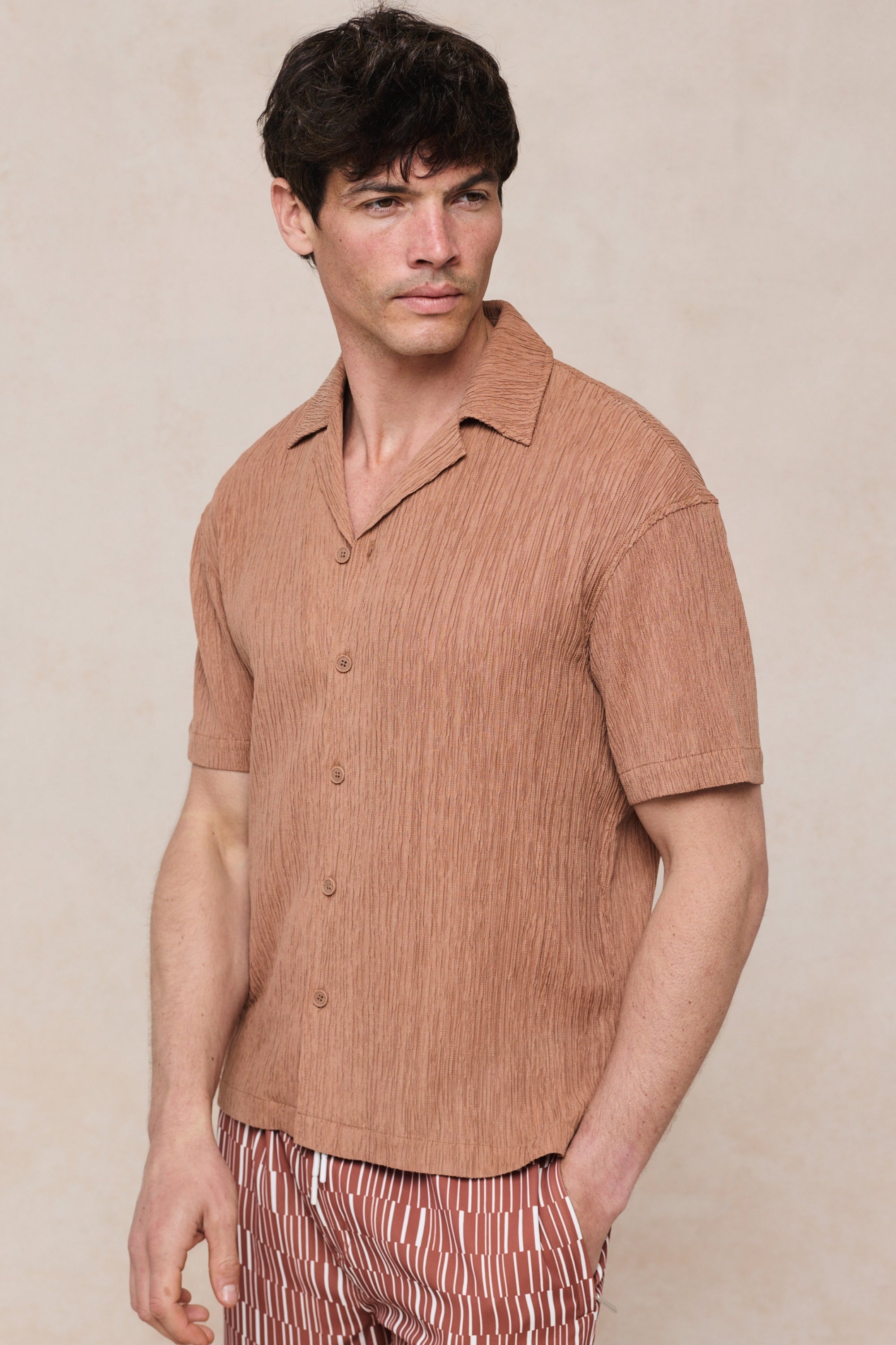 Gabriel Crinkled Tencel Short Sleeve Shirt - Rust