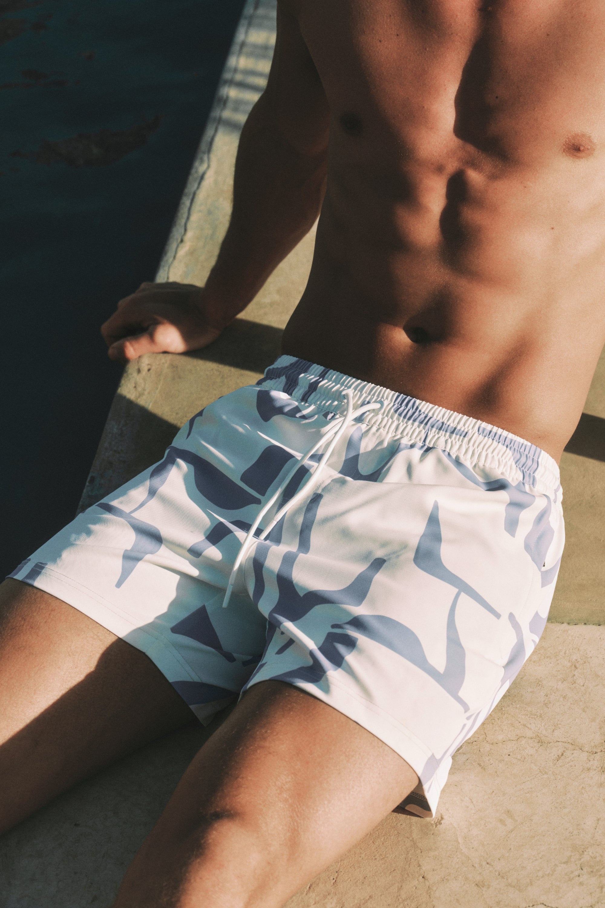 Massira Elasticated Waist Swim Short - Ecru/Light Blue