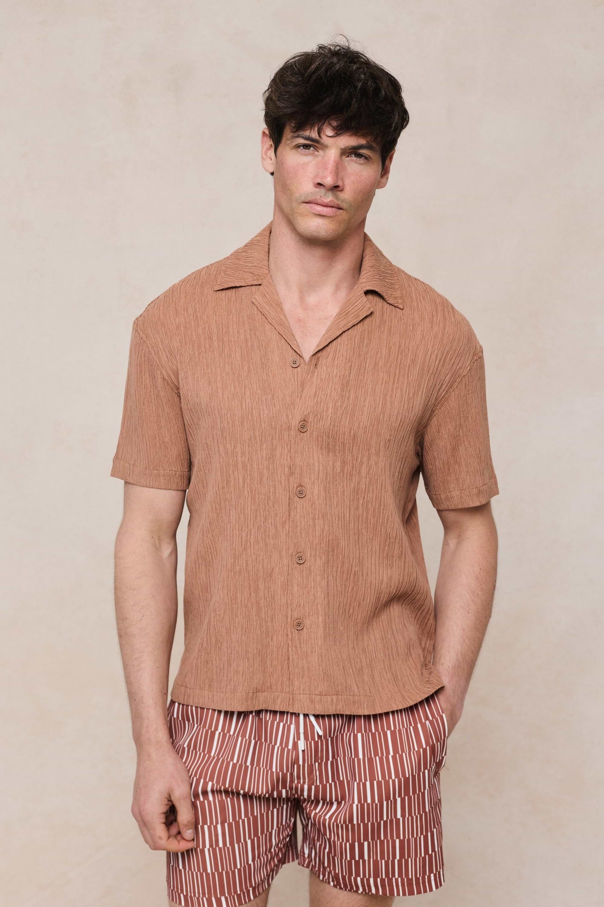 Gabriel Crinkled Tencel Short Sleeve Shirt - Rust