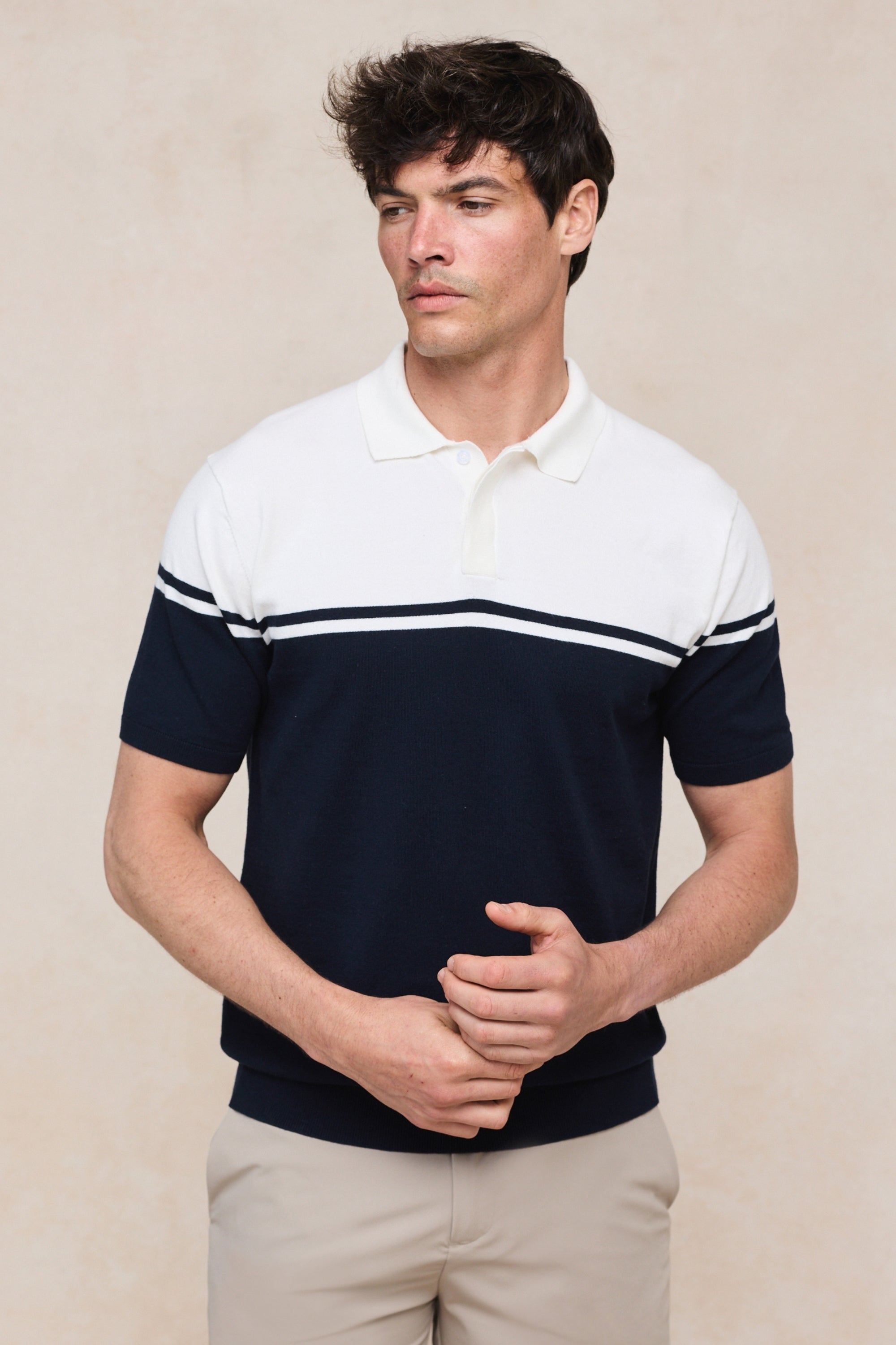 Vicolo Knitted Striped Block Polo SS - Ecru/Navy