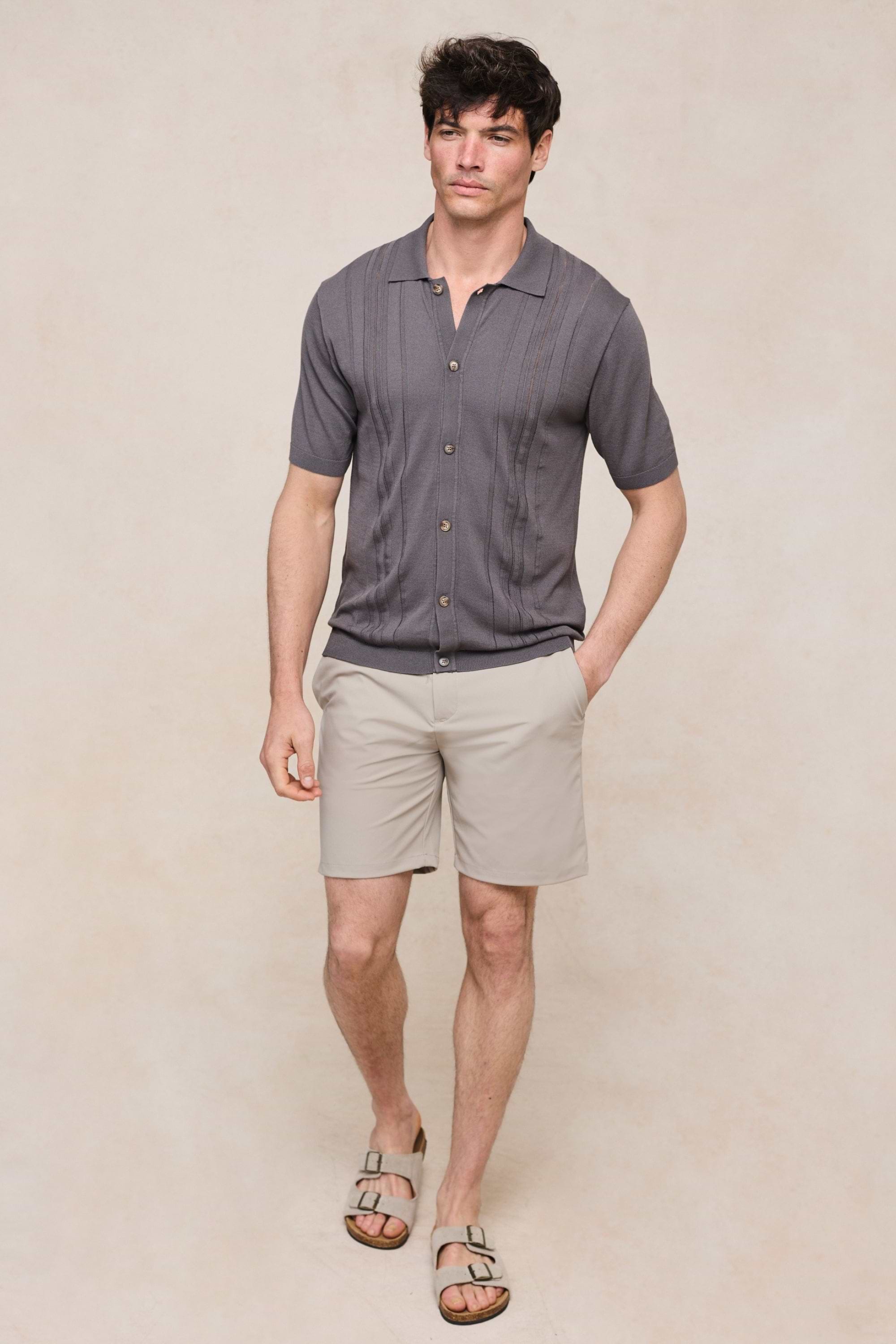 Juan Button Thru Boucle Knit Striped Polo - Mushroom