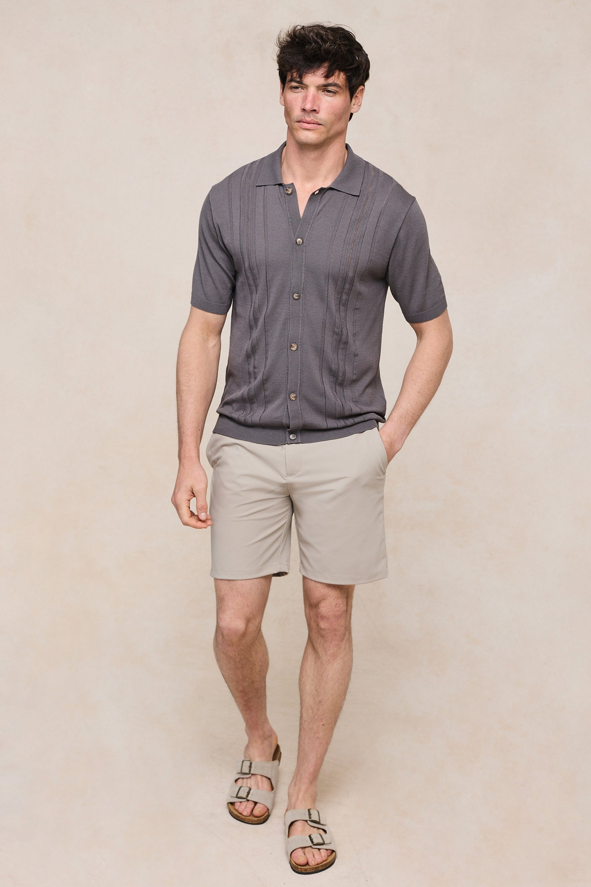 Juan Button Through Boucle Knit Striped Polo - Mushroom