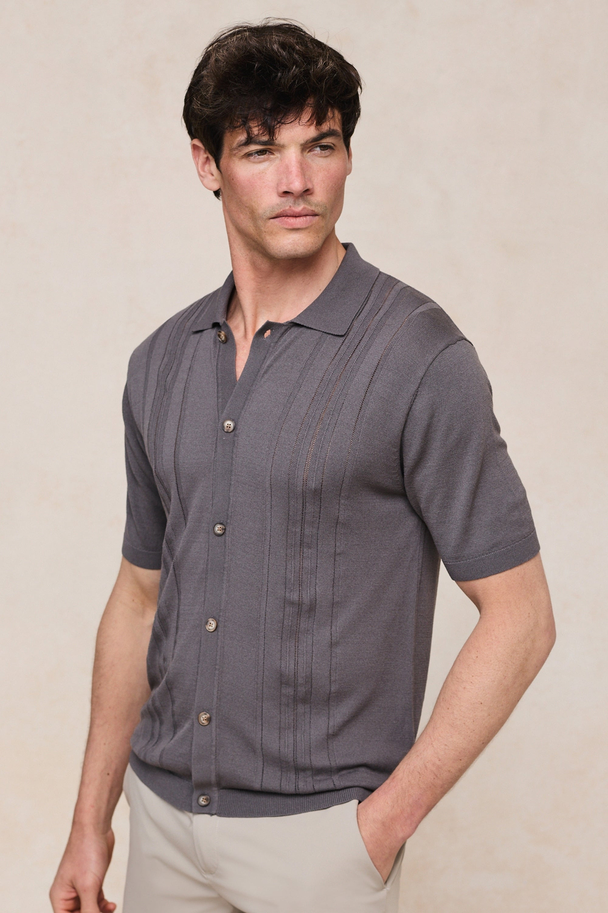 Juan Button Through Boucle Knit Striped Polo - Mushroom