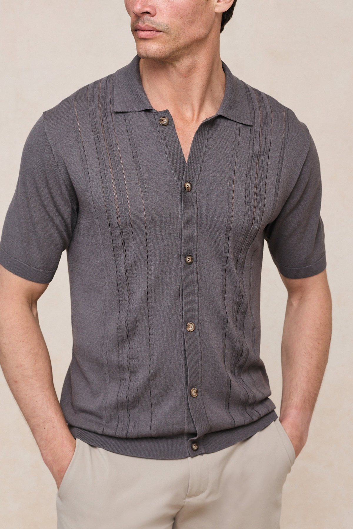 Juan Button Through Boucle Knit Striped Polo - Mushroom