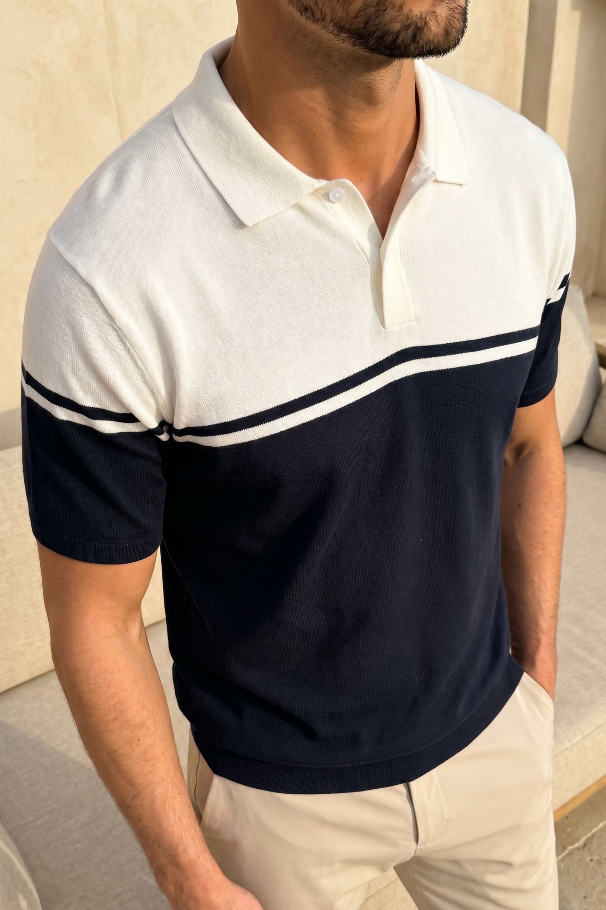 Vicolo Knitted Striped Block Polo SS - Ecru/Navy