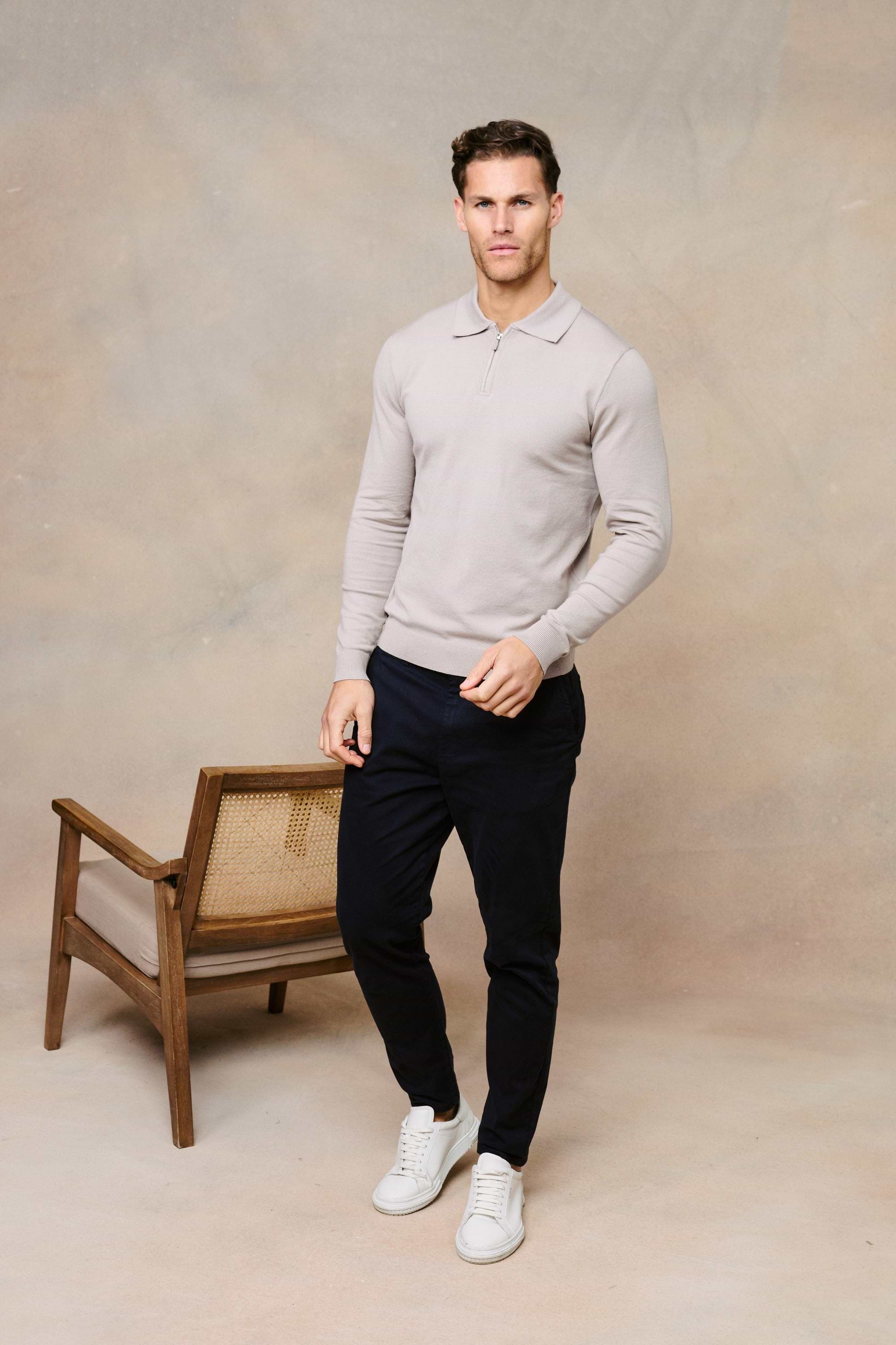 Knitted Long Sleeve Zip Polo Shirt - Warm Grey