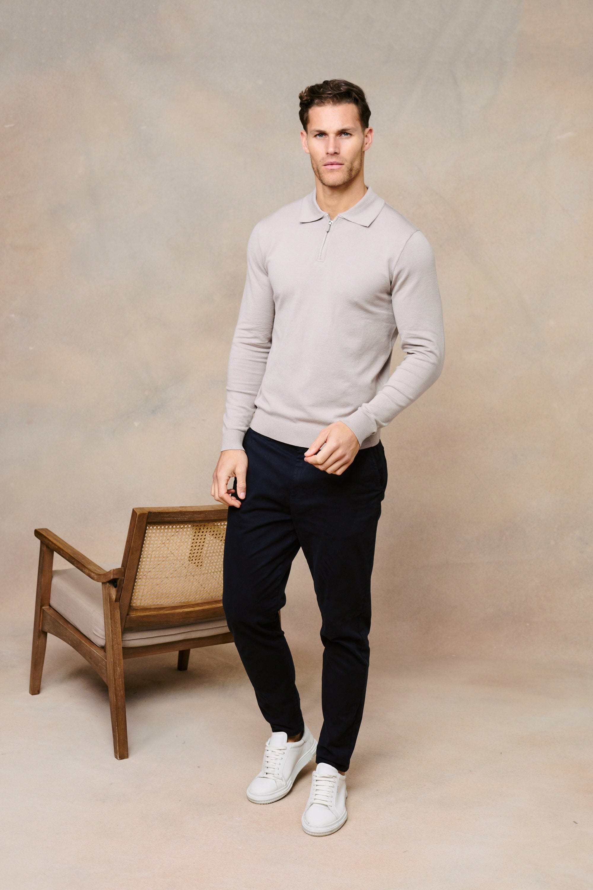 Knitted Long Sleeve Zip Polo Shirt - Warm Grey