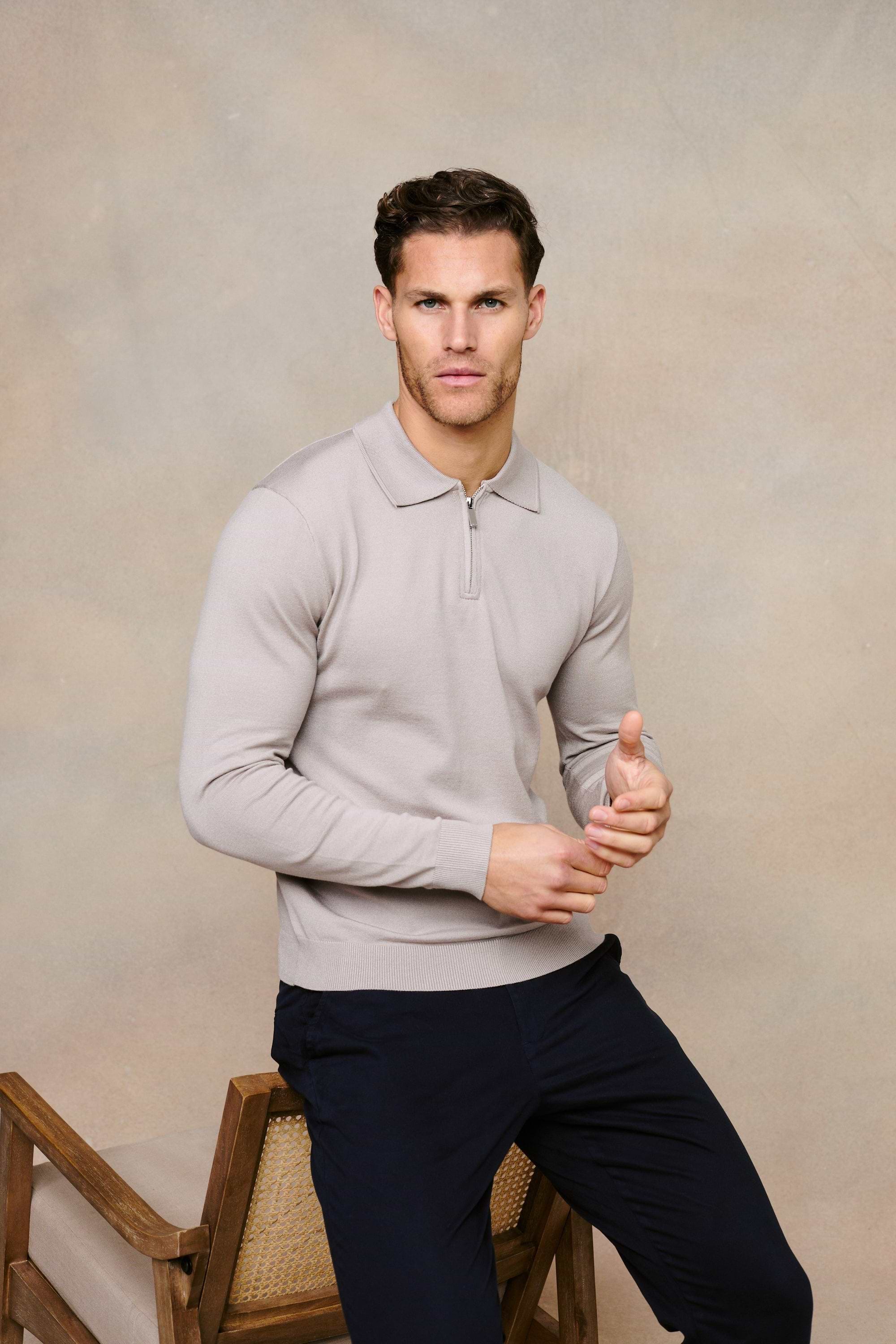 Knitted Long Sleeve Zip Polo Shirt - Warm Grey