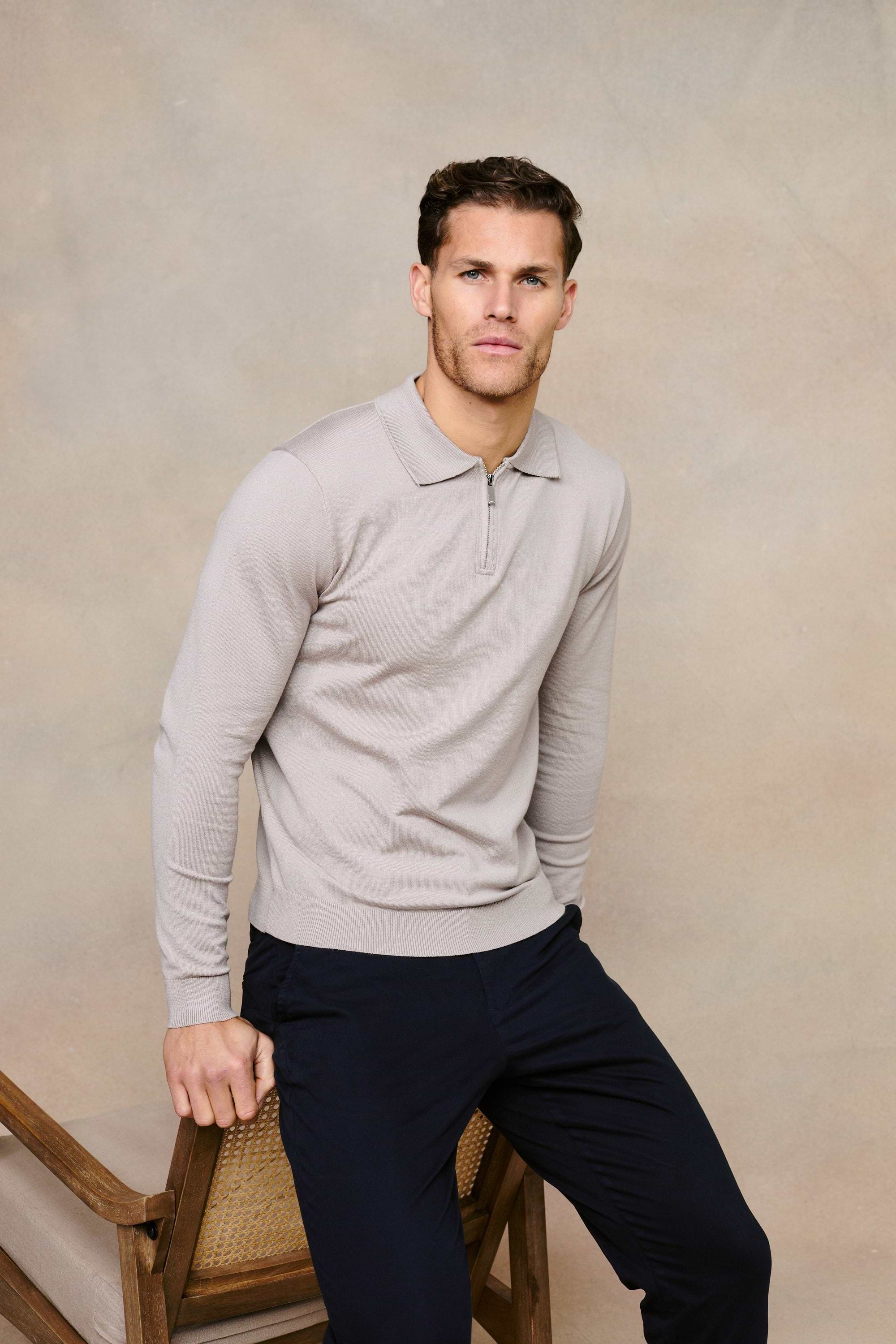 Knitted Long Sleeve Zip Polo Shirt - Warm Grey