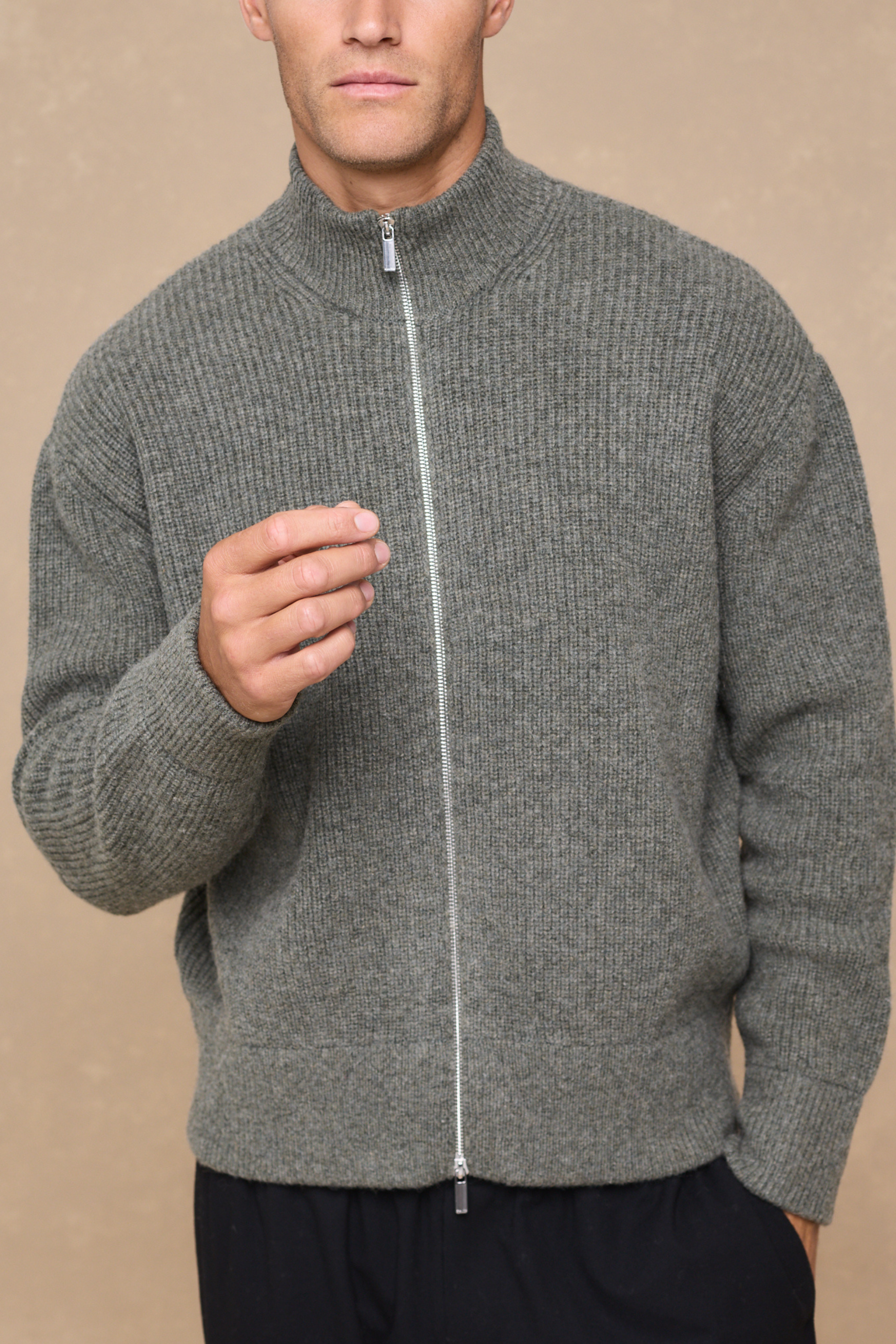 Seb Zip Thru Rib Knit Bomber - Sage Green