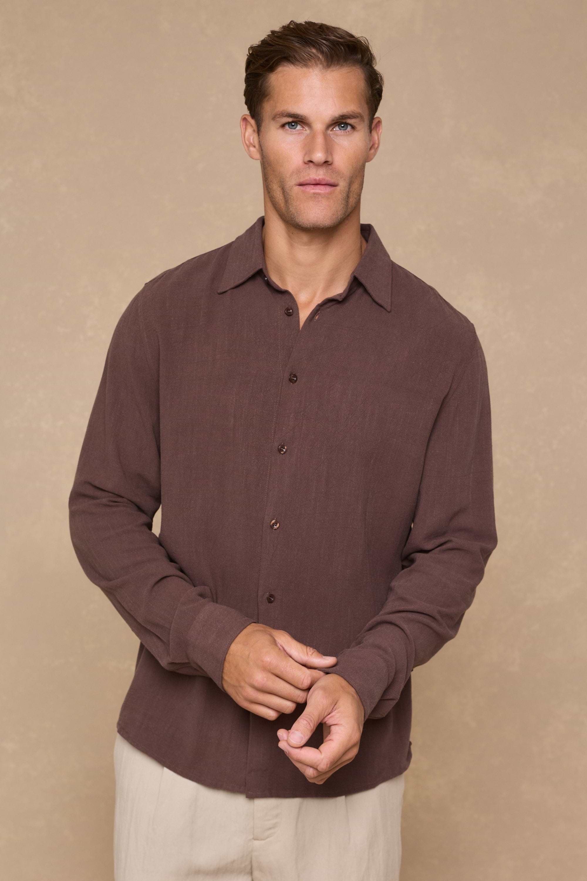 Cami Linen Classic Collar Shirt - Brown