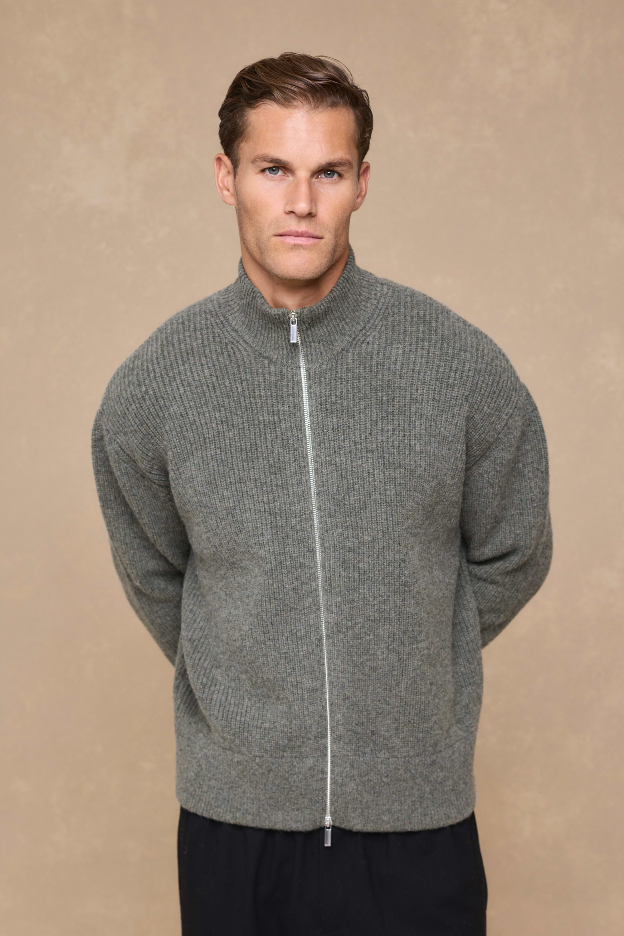 Seb Zip Thru Rib Knit Bomber - Sage Green