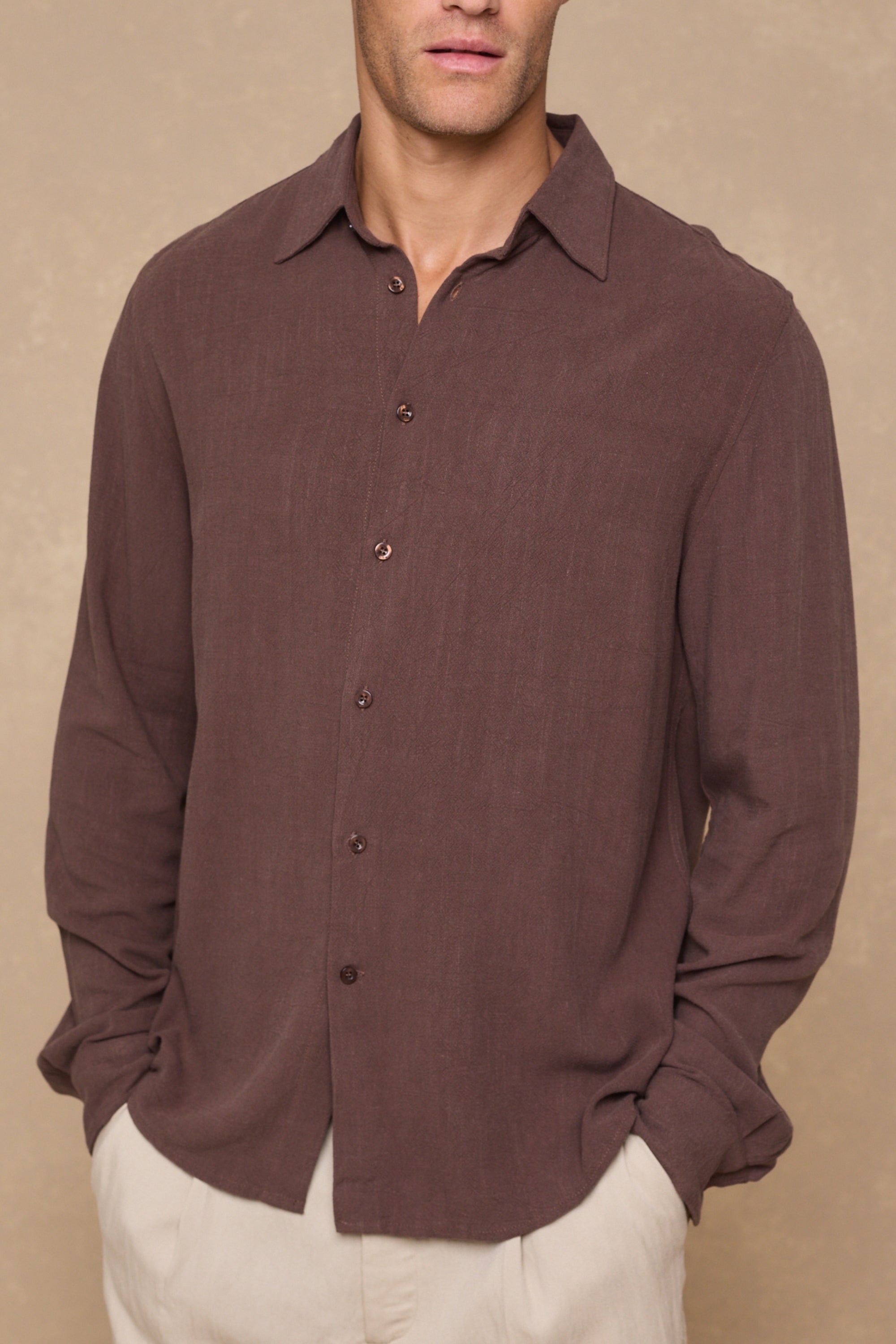 Cami Linen Classic Collar Shirt - Brown