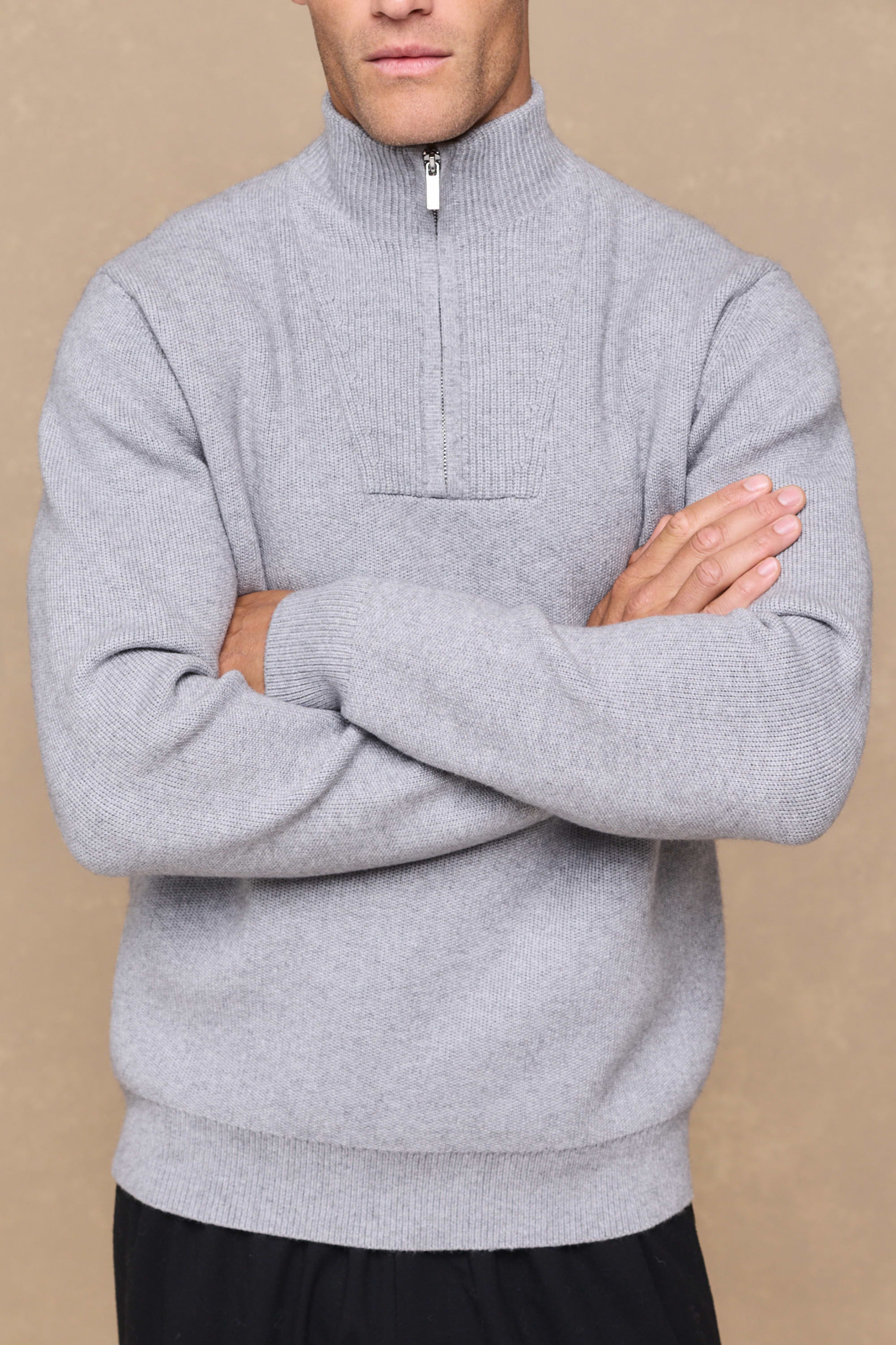 Asher Zipped Funnel Neck Knit - Light Grey Marl