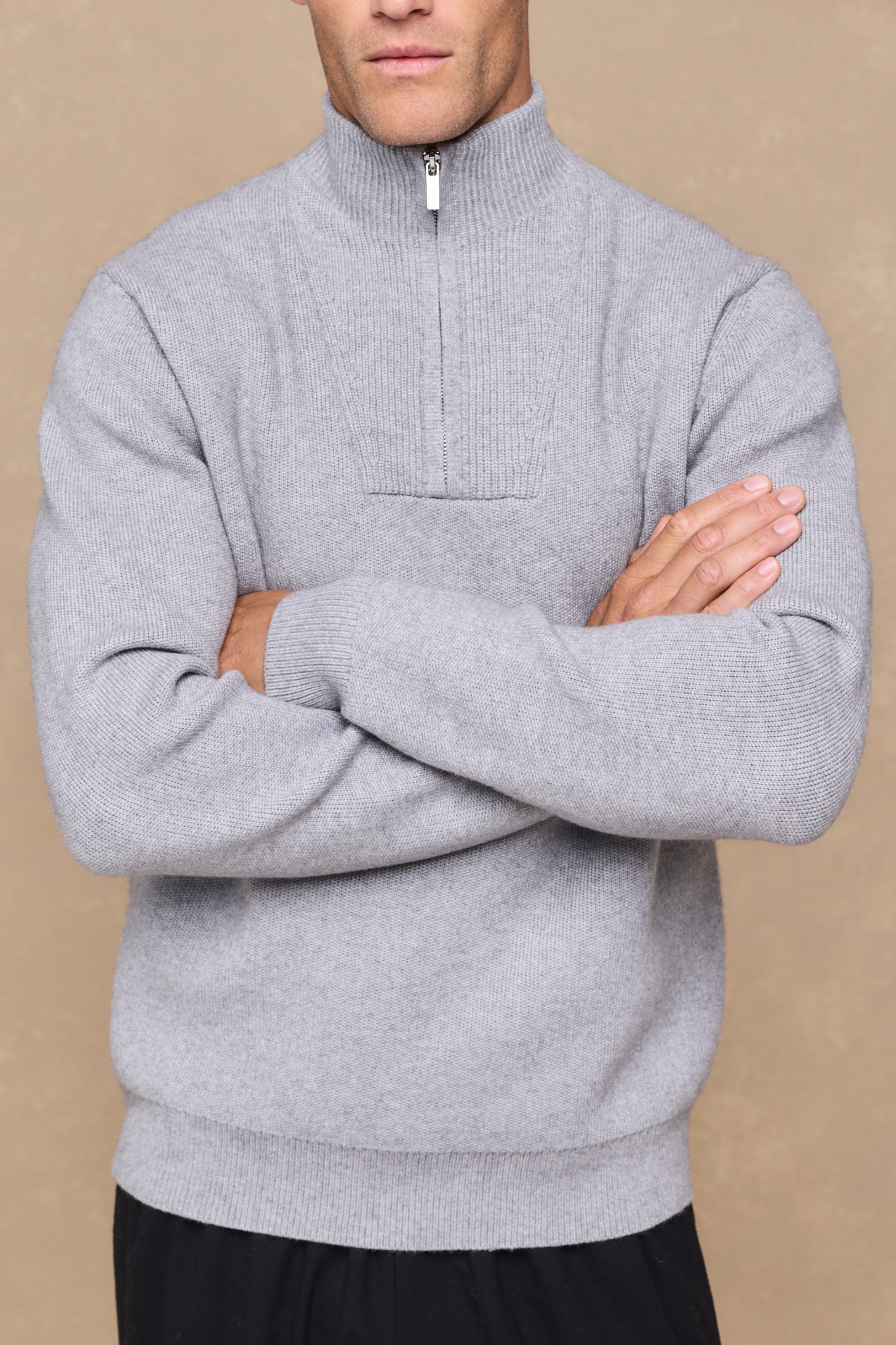 Asher Zipped Funnel Neck Knit - Light Grey Marl