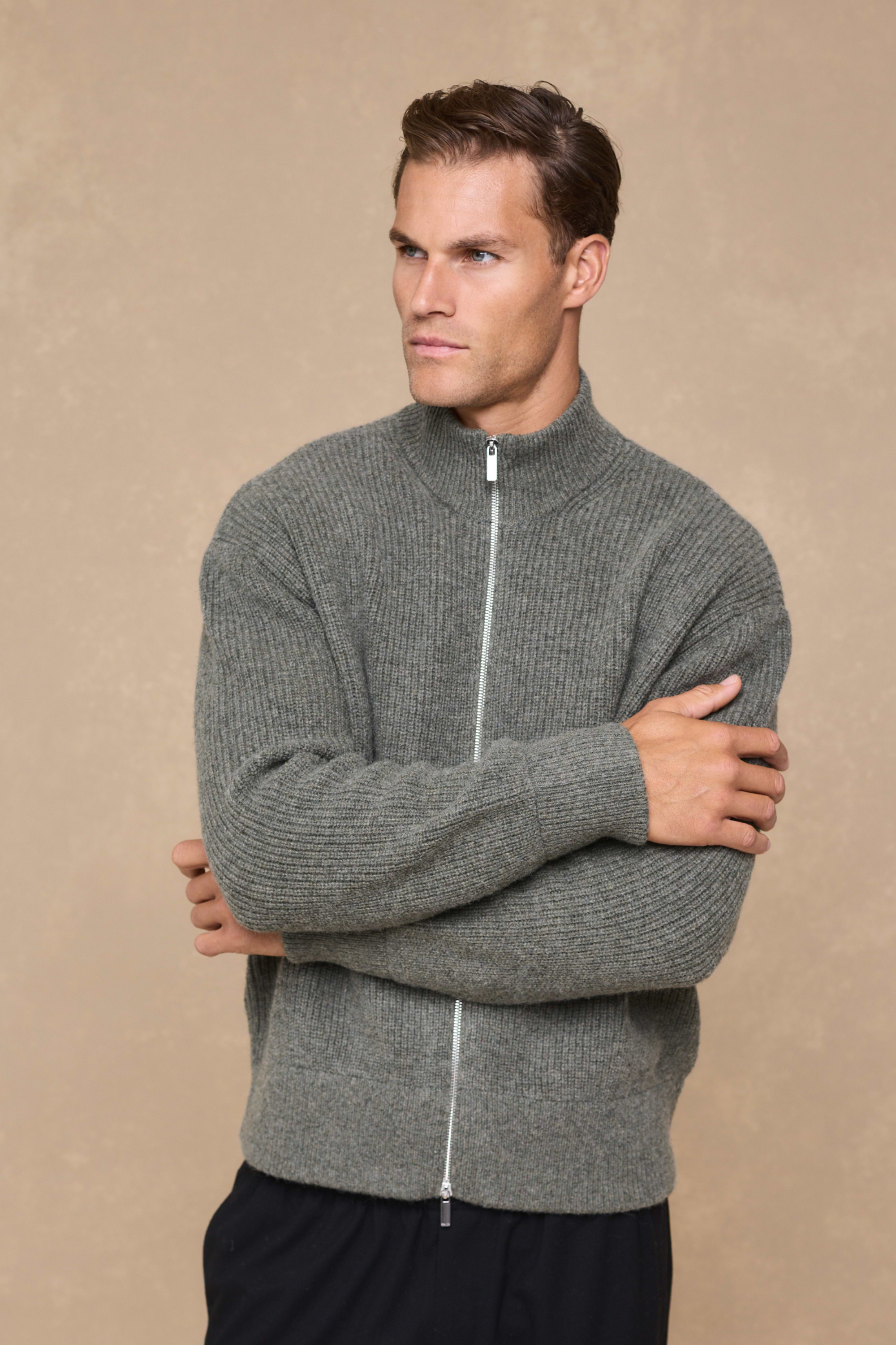 Seb Zip Thru Rib Knit Bomber - Sage Green