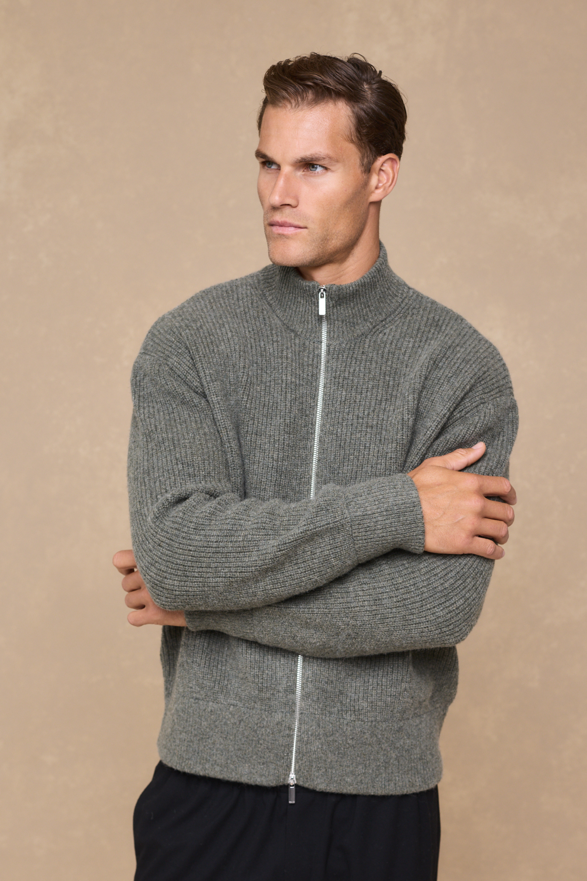 Seb Zip Thru Rib Knit Bomber - Sage Green