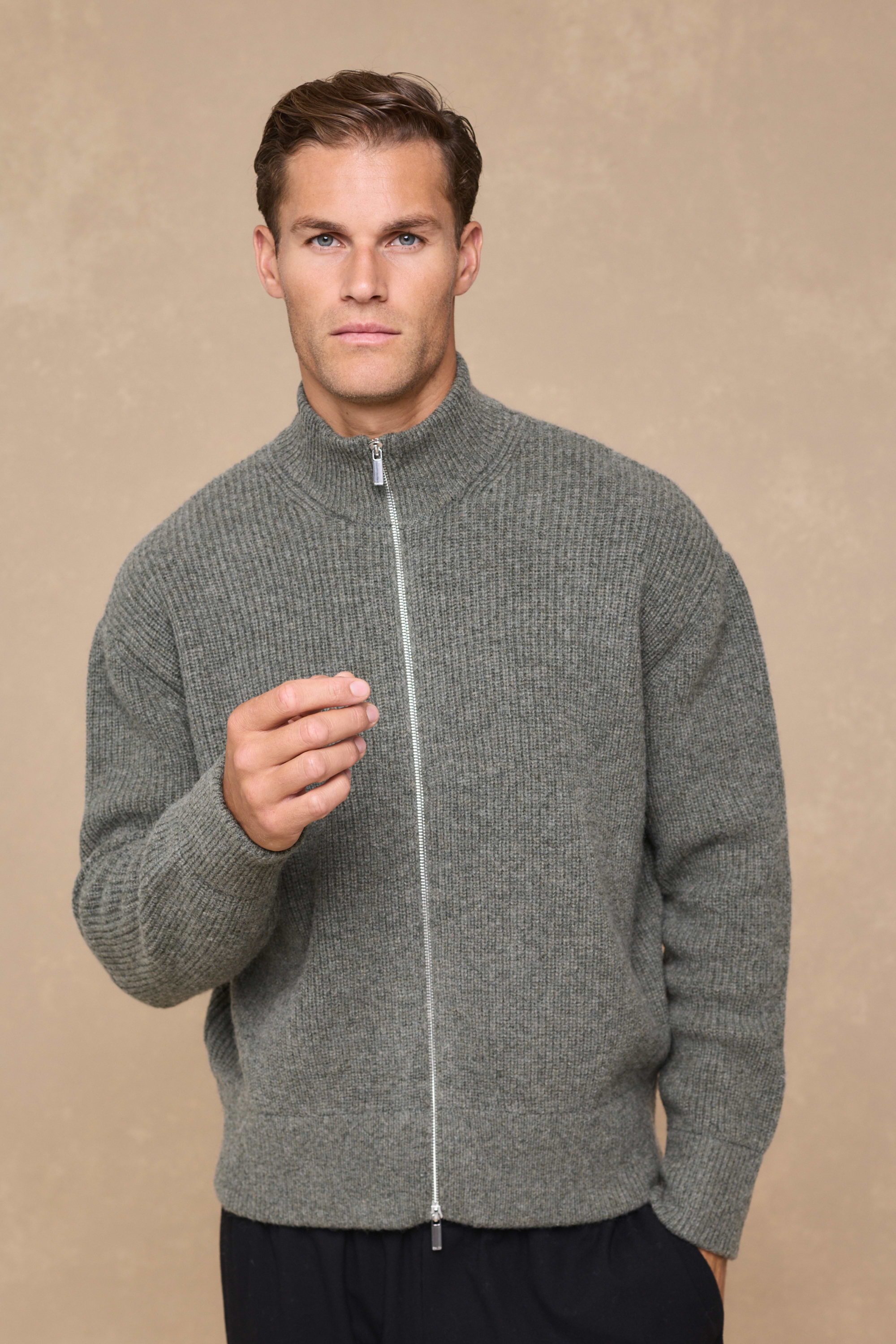 Seb Zip Thru Rib Knit Bomber - Sage Green