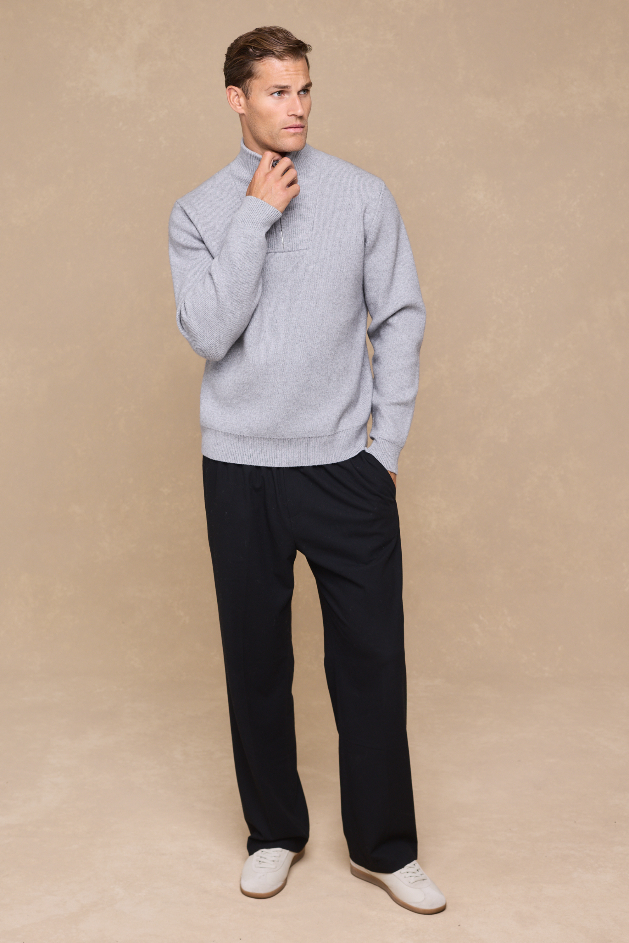 Asher Zipped Funnel Neck Knit - Light Grey Marl