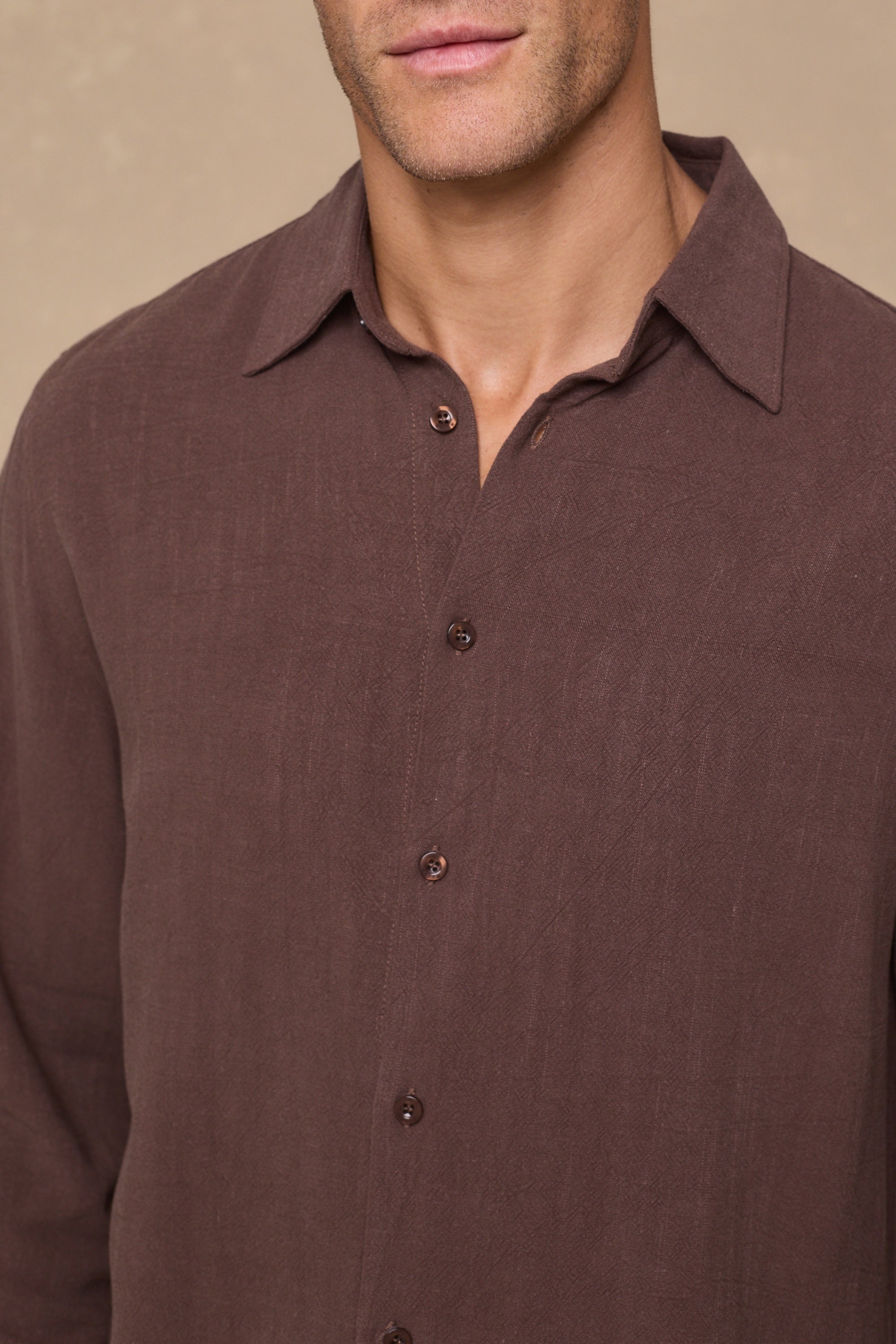 Cami Linen Classic Collar Shirt - Brown