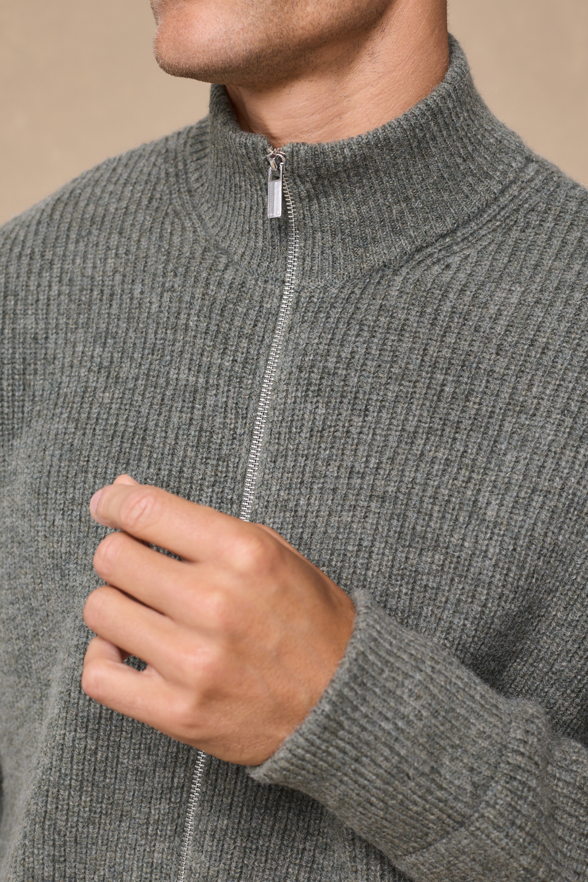 Seb Zip Thru Rib Knit Bomber - Sage Green