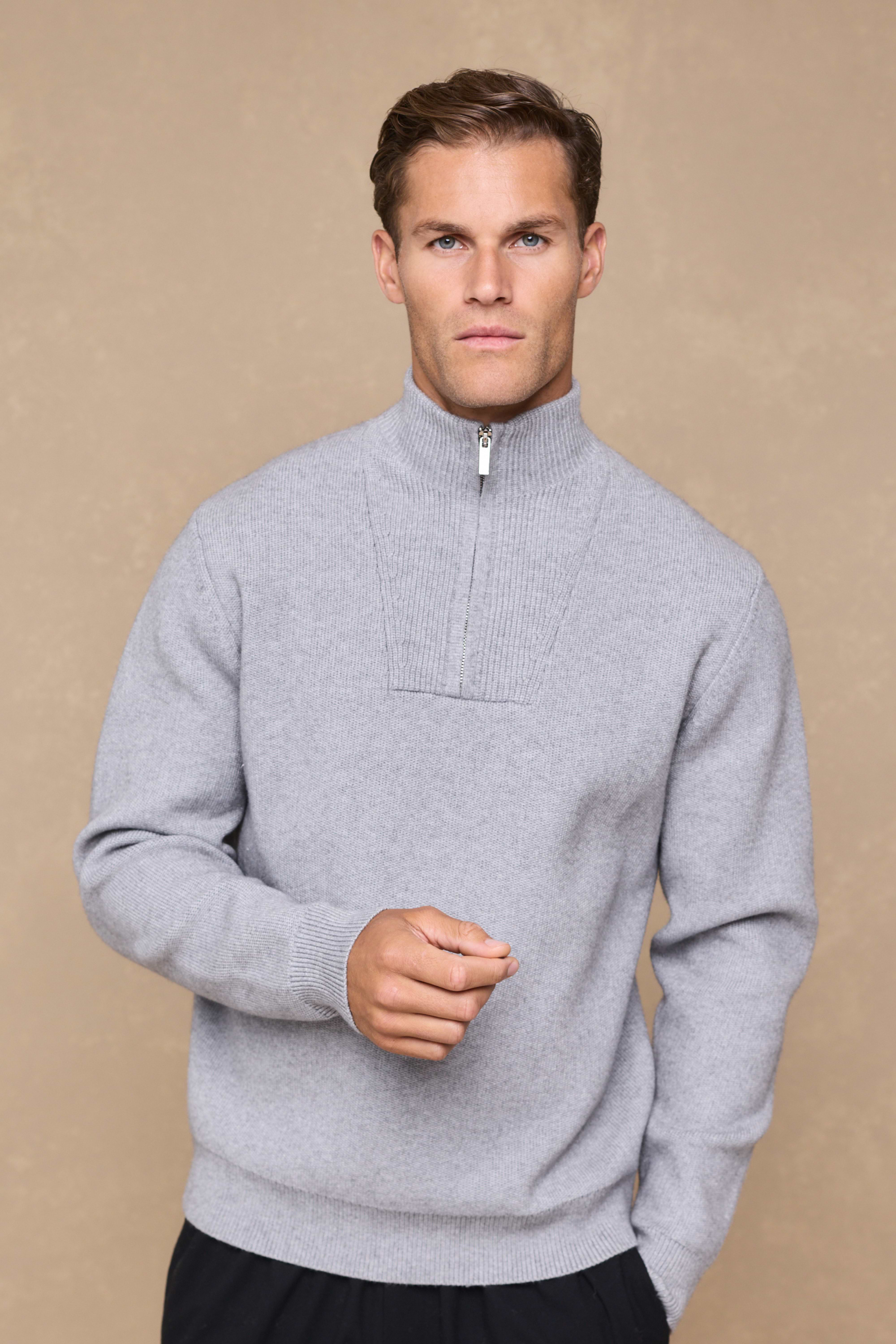 Asher Zipped Funnel Neck Knit - Light Grey Marl