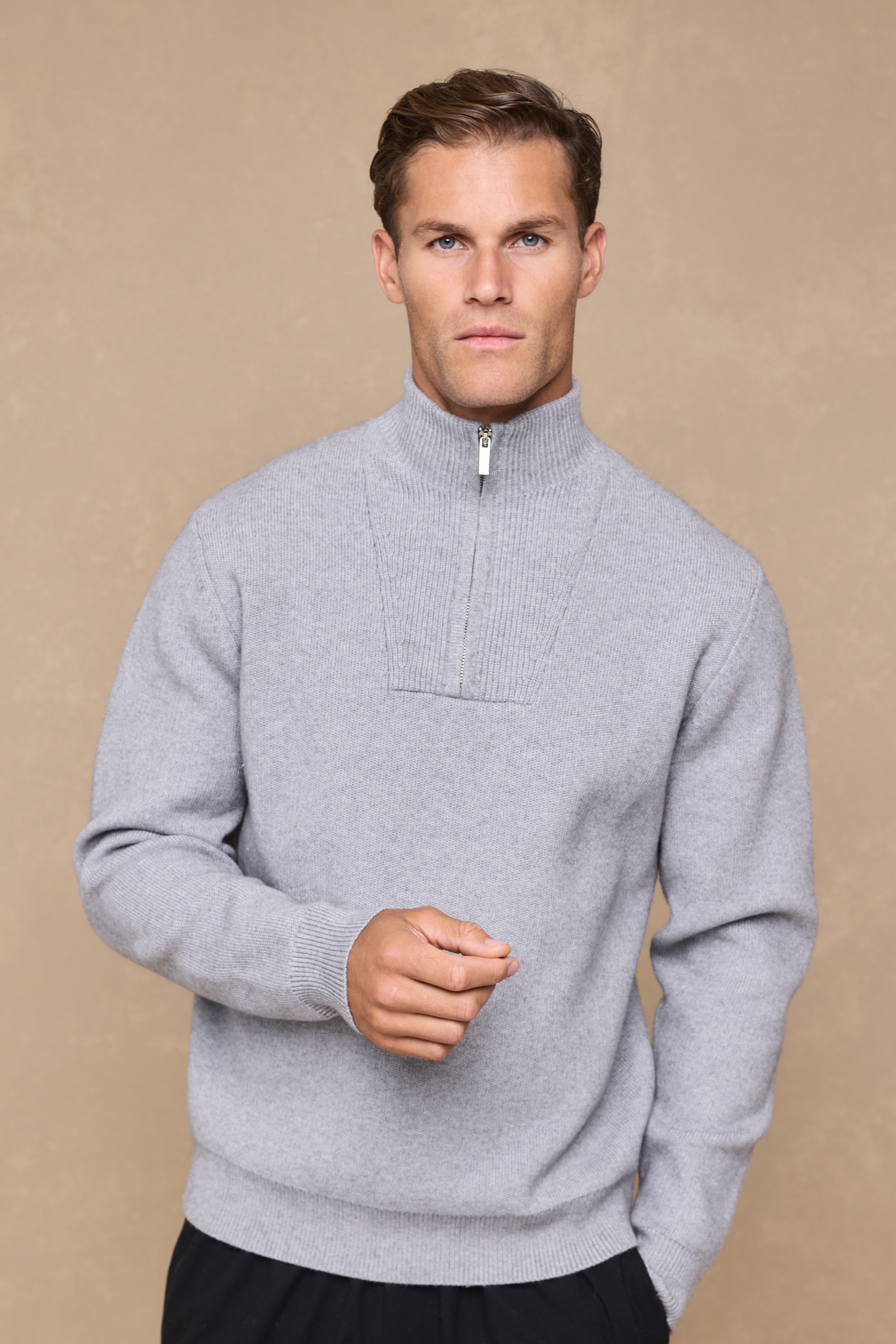 Asher Zipped Funnel Neck Knit - Light Grey Marl