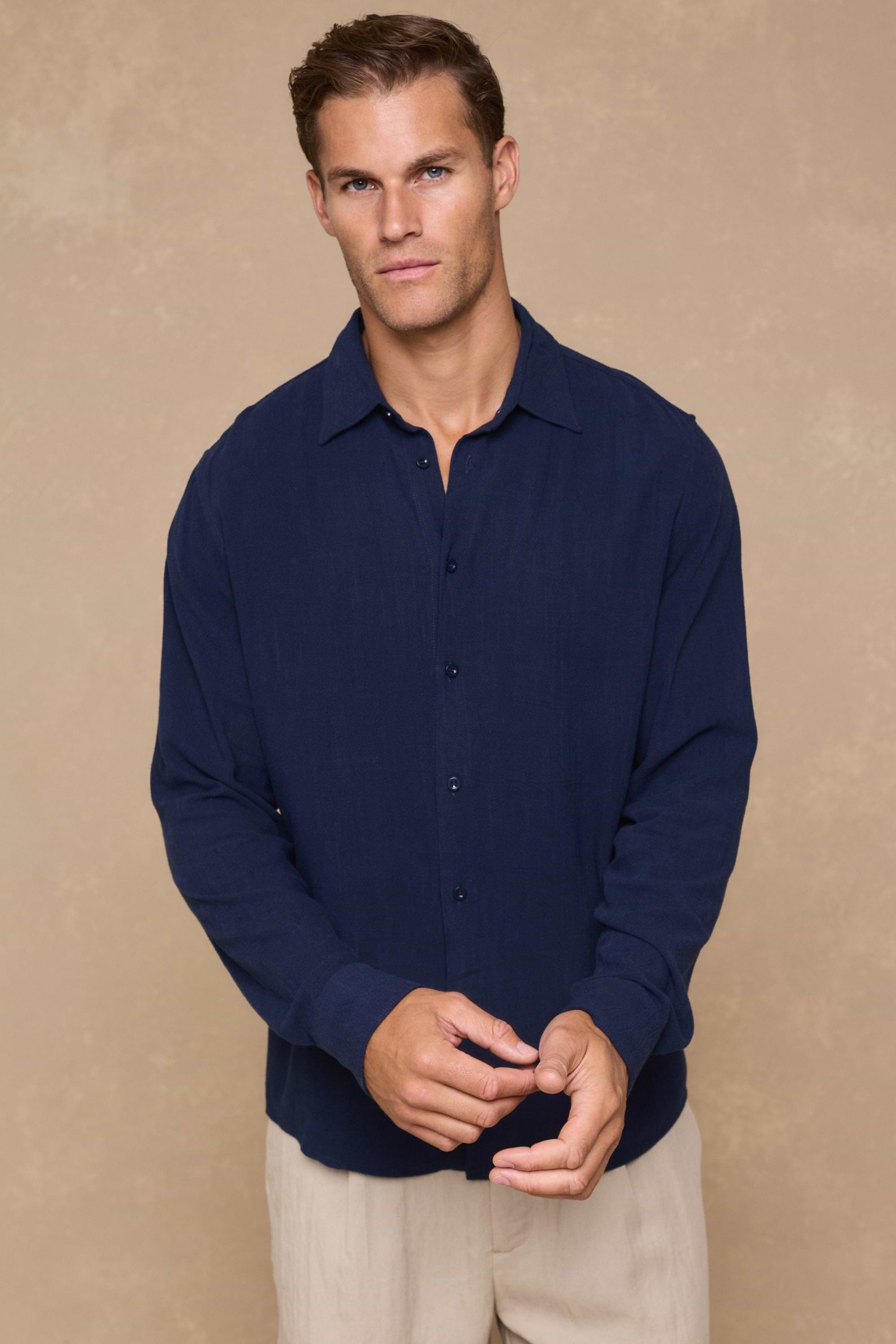 Cami Linen Classic Collar Shirt - Navy