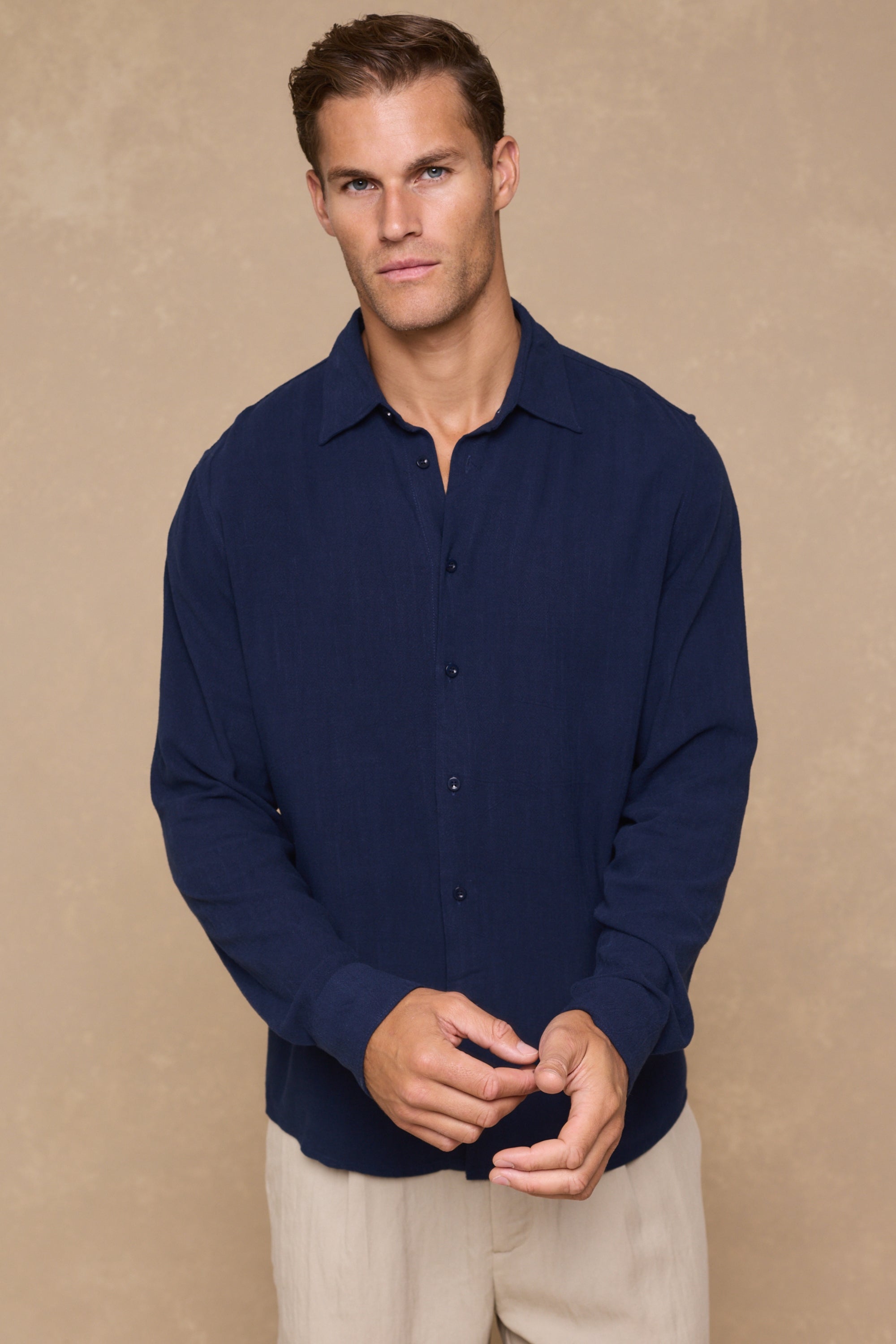 Cami Linen Classic Collar Shirt - Navy
